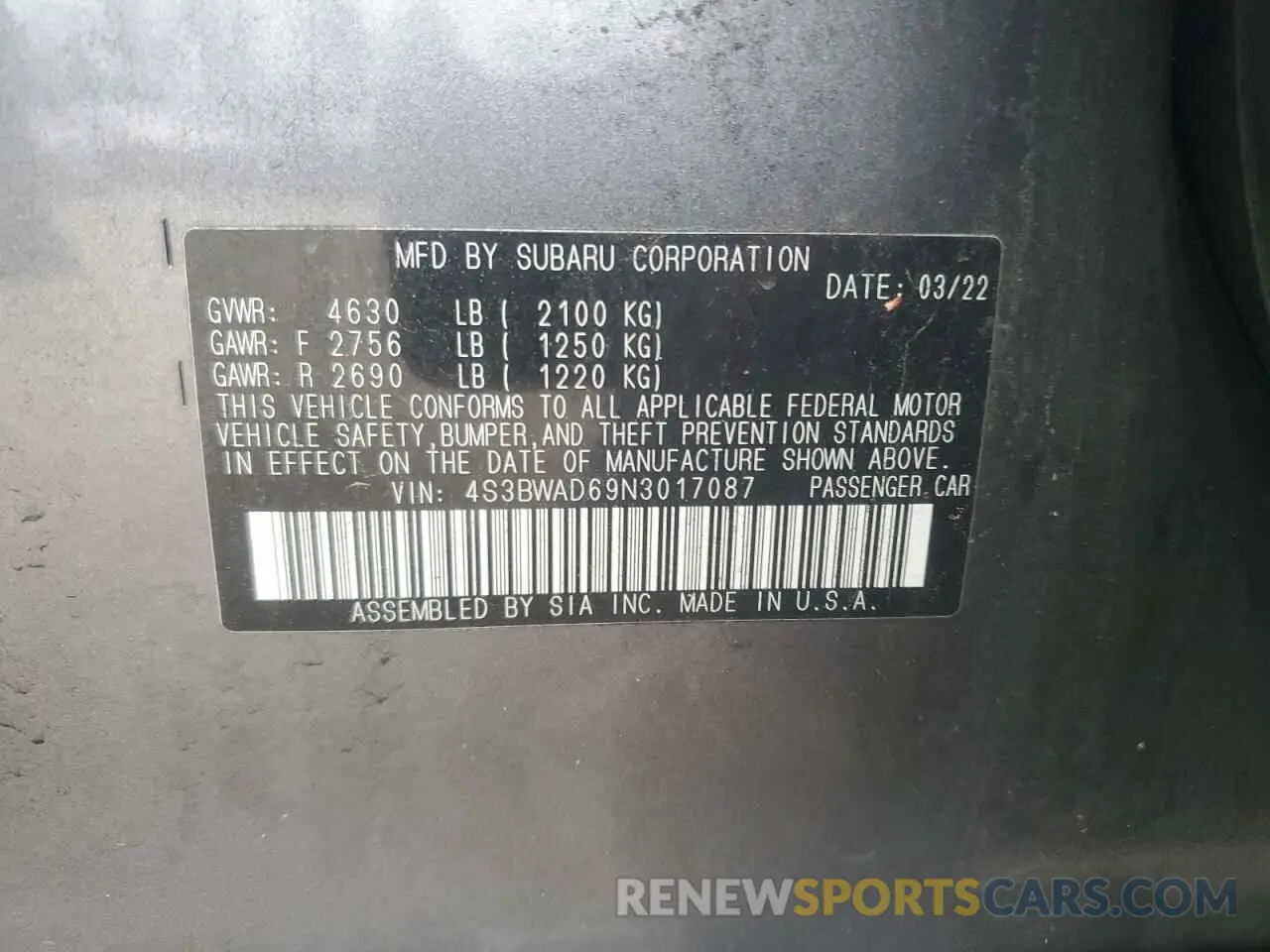 12 Фотография поврежденного автомобиля 4S3BWAD69N3017087 SUBARU LEGACY 2022