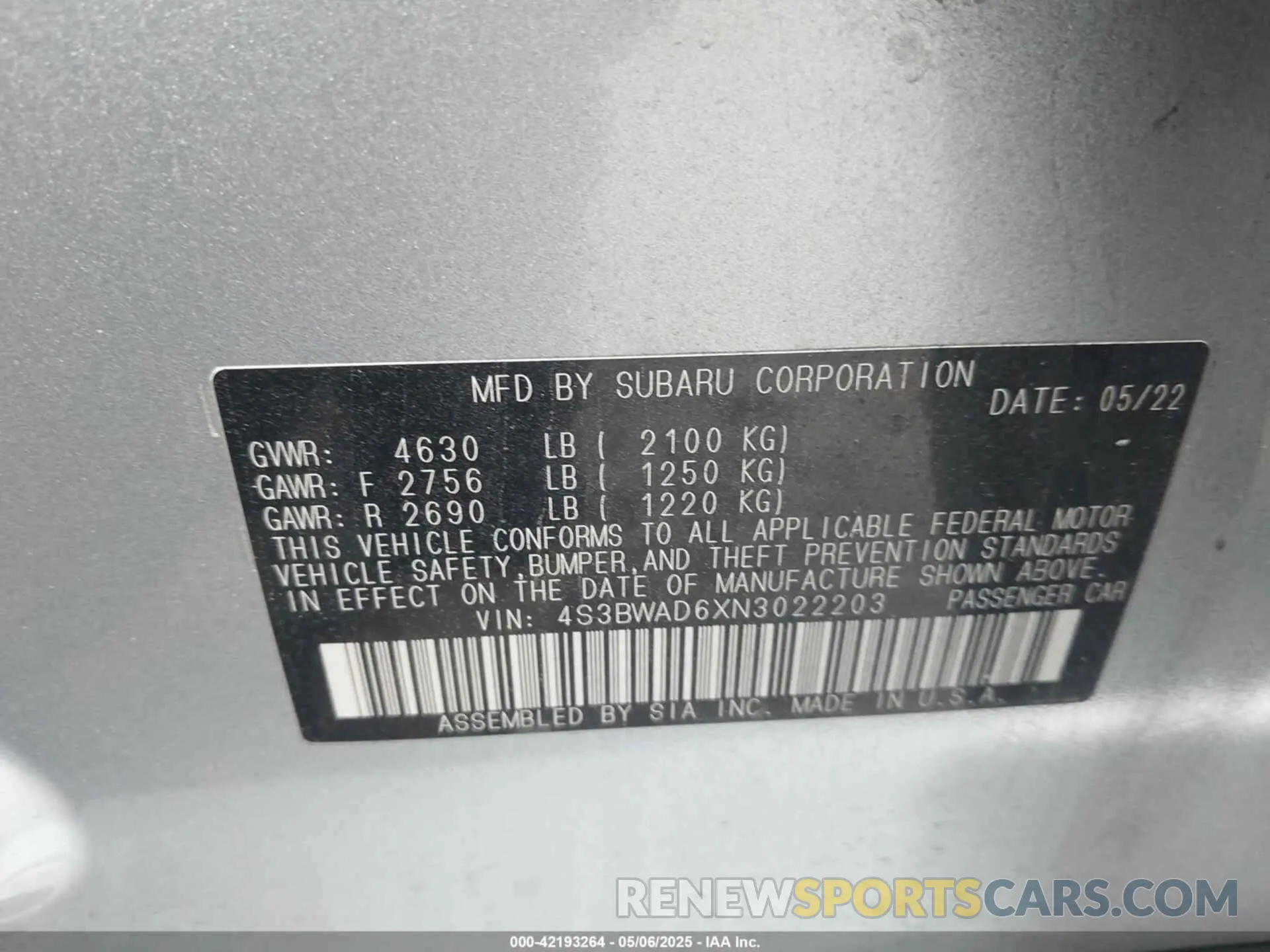 9 Фотография поврежденного автомобиля 4S3BWAD6XN3022203 SUBARU LEGACY 2022