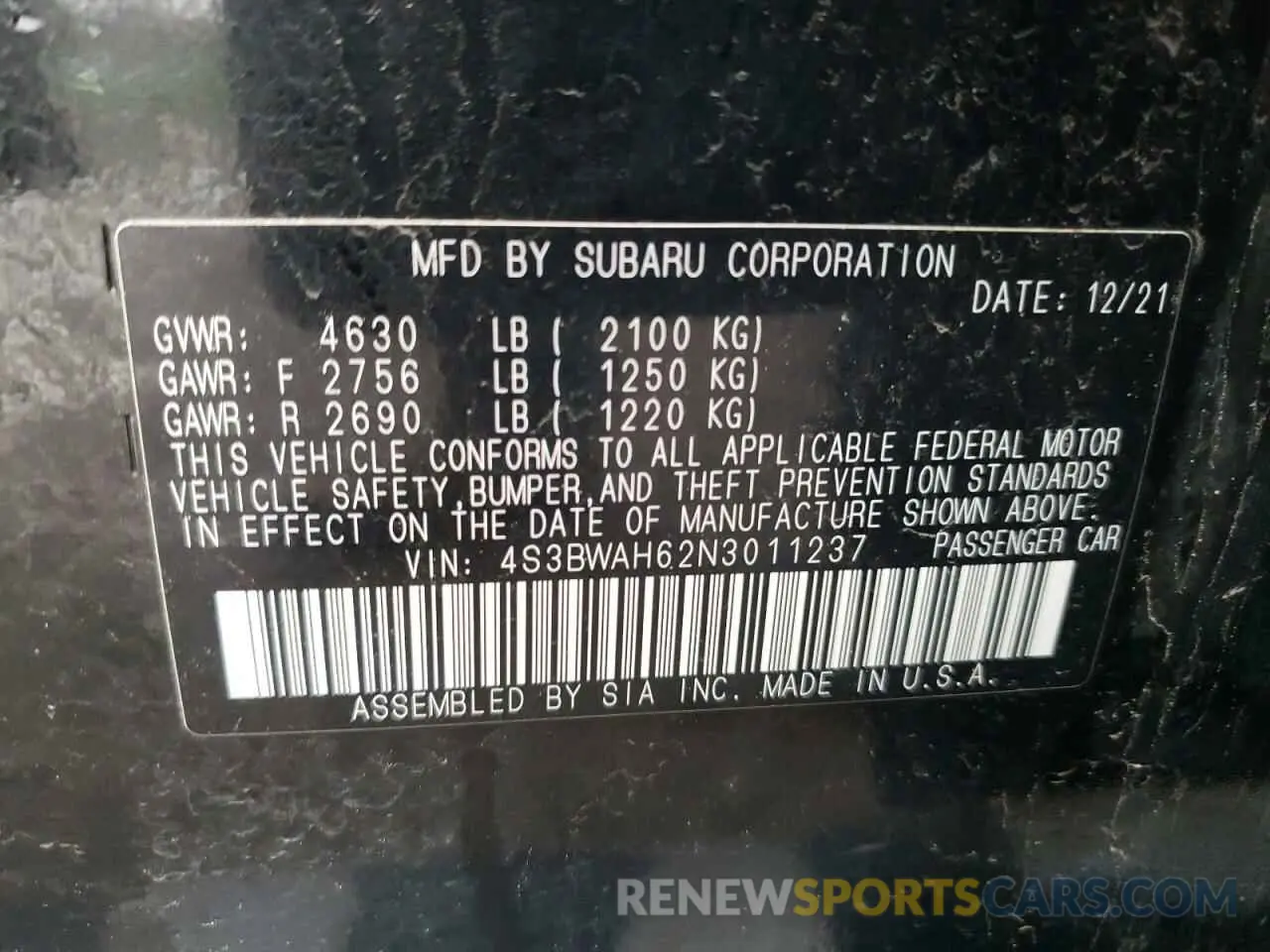 12 Фотография поврежденного автомобиля 4S3BWAH62N3011237 SUBARU LEGACY 2022