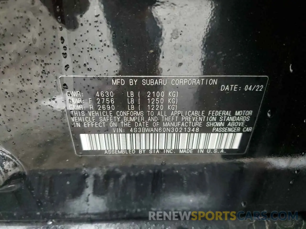 15 Photograph of a damaged car 4S3BWAN60N3021348 SUBARU LEGACY 2022