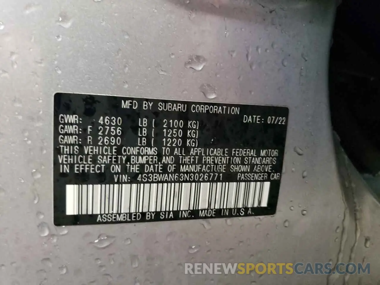 12 Фотография поврежденного автомобиля 4S3BWAN63N3026771 SUBARU LEGACY 2022