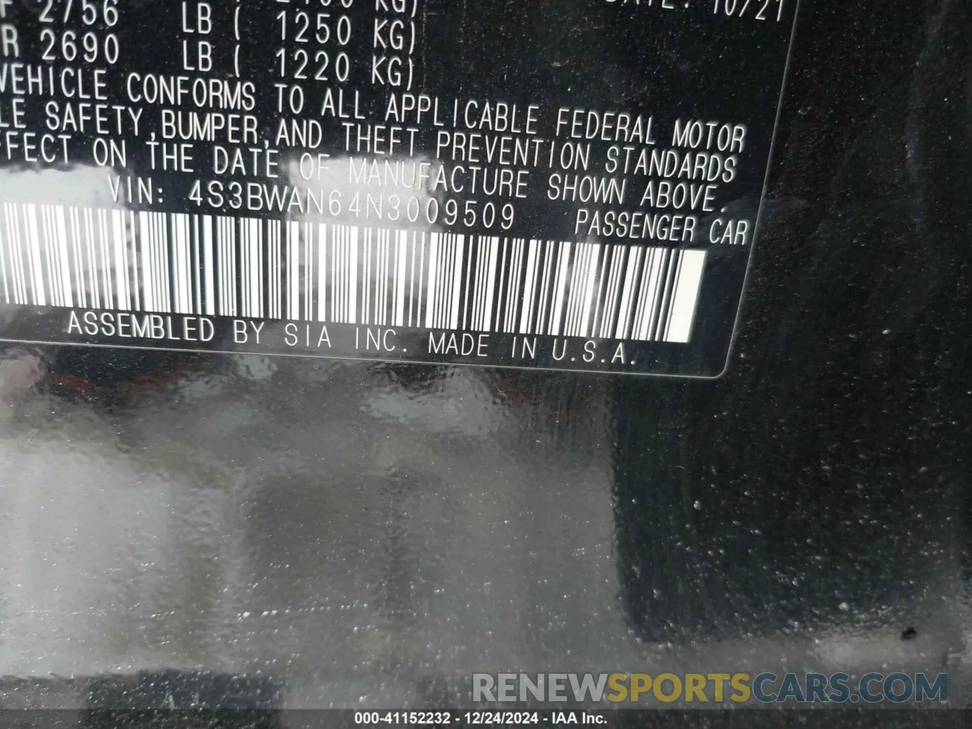 9 Фотография поврежденного автомобиля 4S3BWAN64N3009509 SUBARU LEGACY 2022
