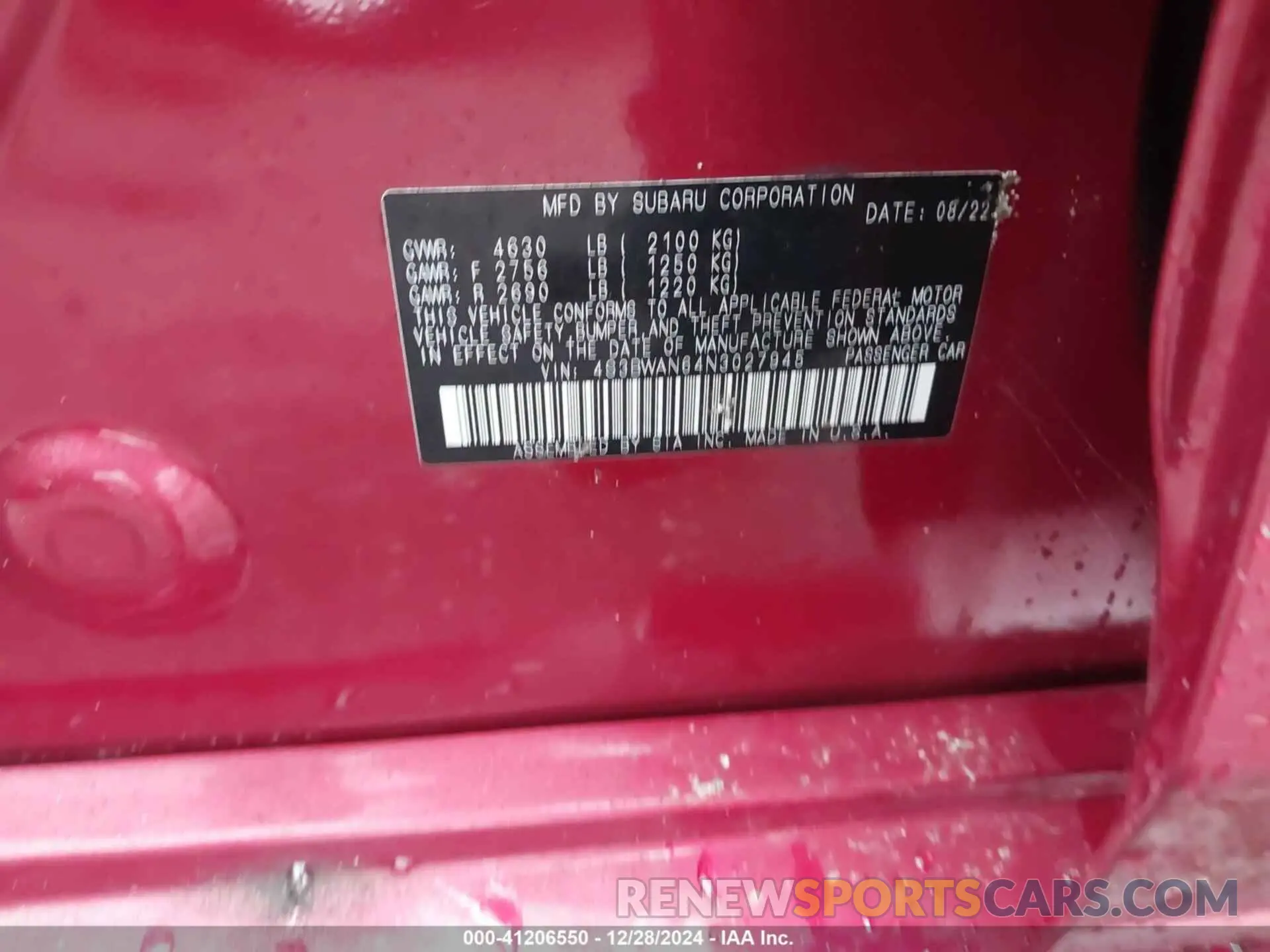 9 Photograph of a damaged car 4S3BWAN64N3027945 SUBARU LEGACY 2022