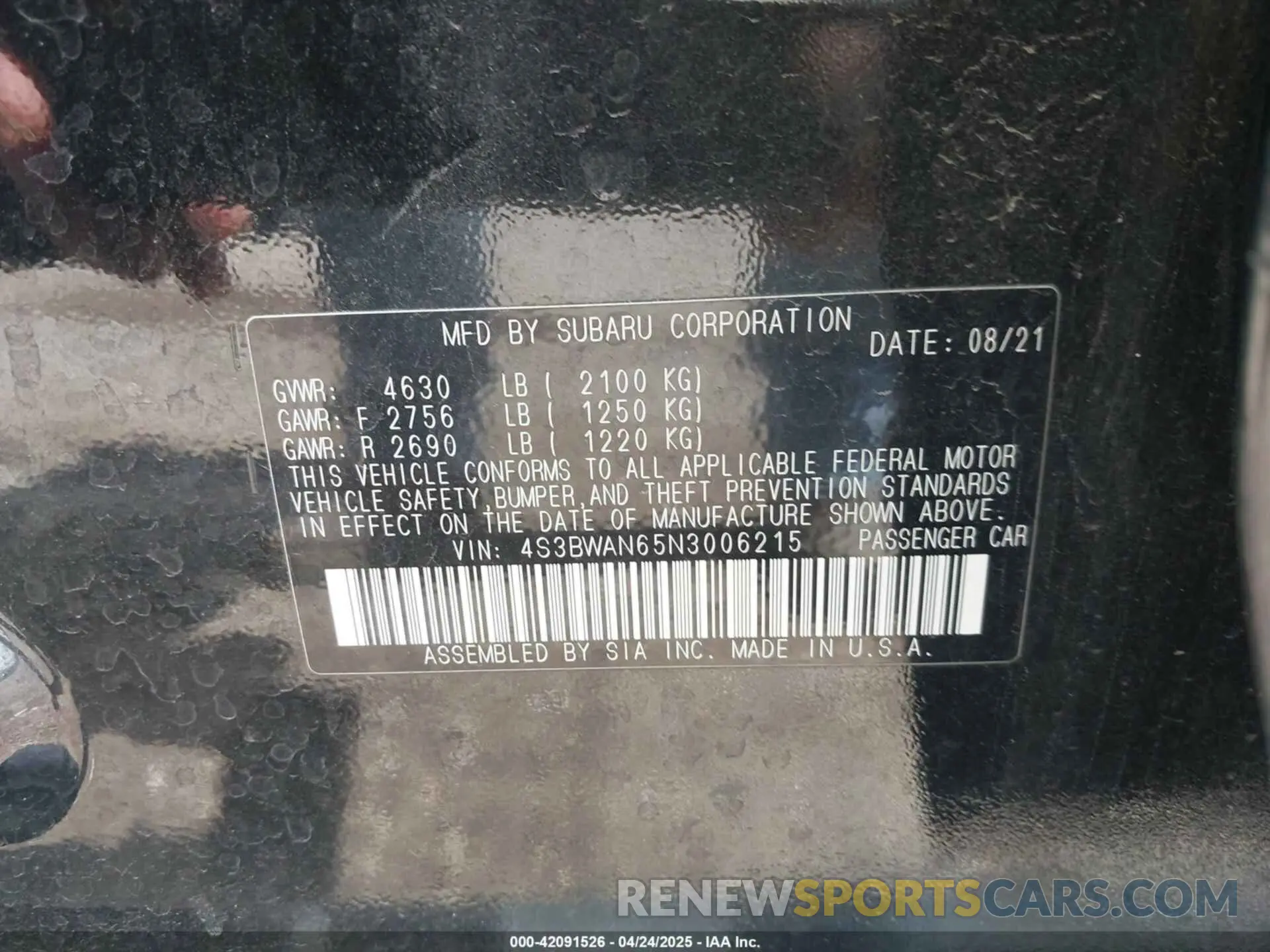 9 Фотография поврежденного автомобиля 4S3BWAN65N3006215 SUBARU LEGACY 2022