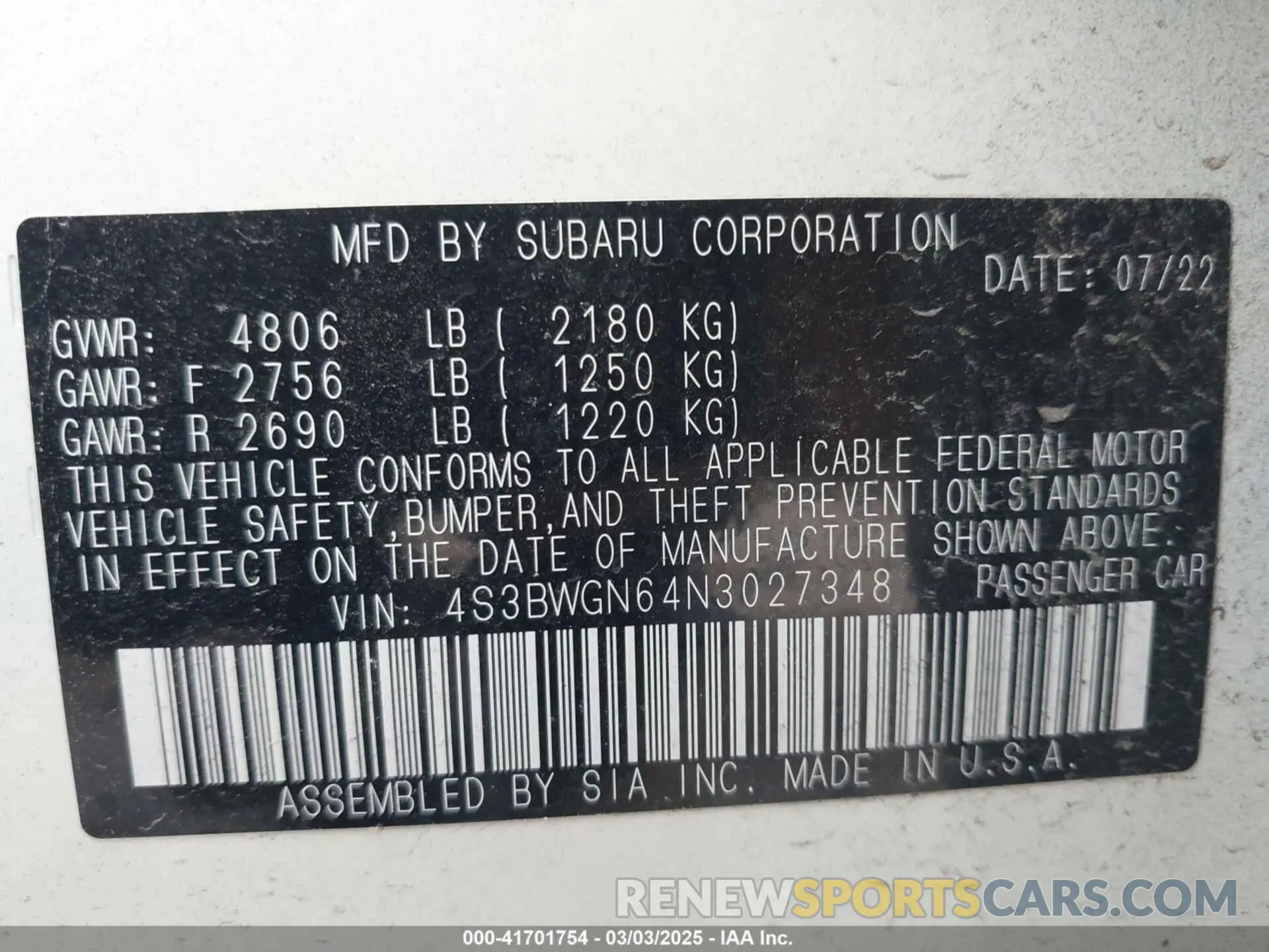 9 Фотография поврежденного автомобиля 4S3BWGN64N3027348 SUBARU LEGACY 2022
