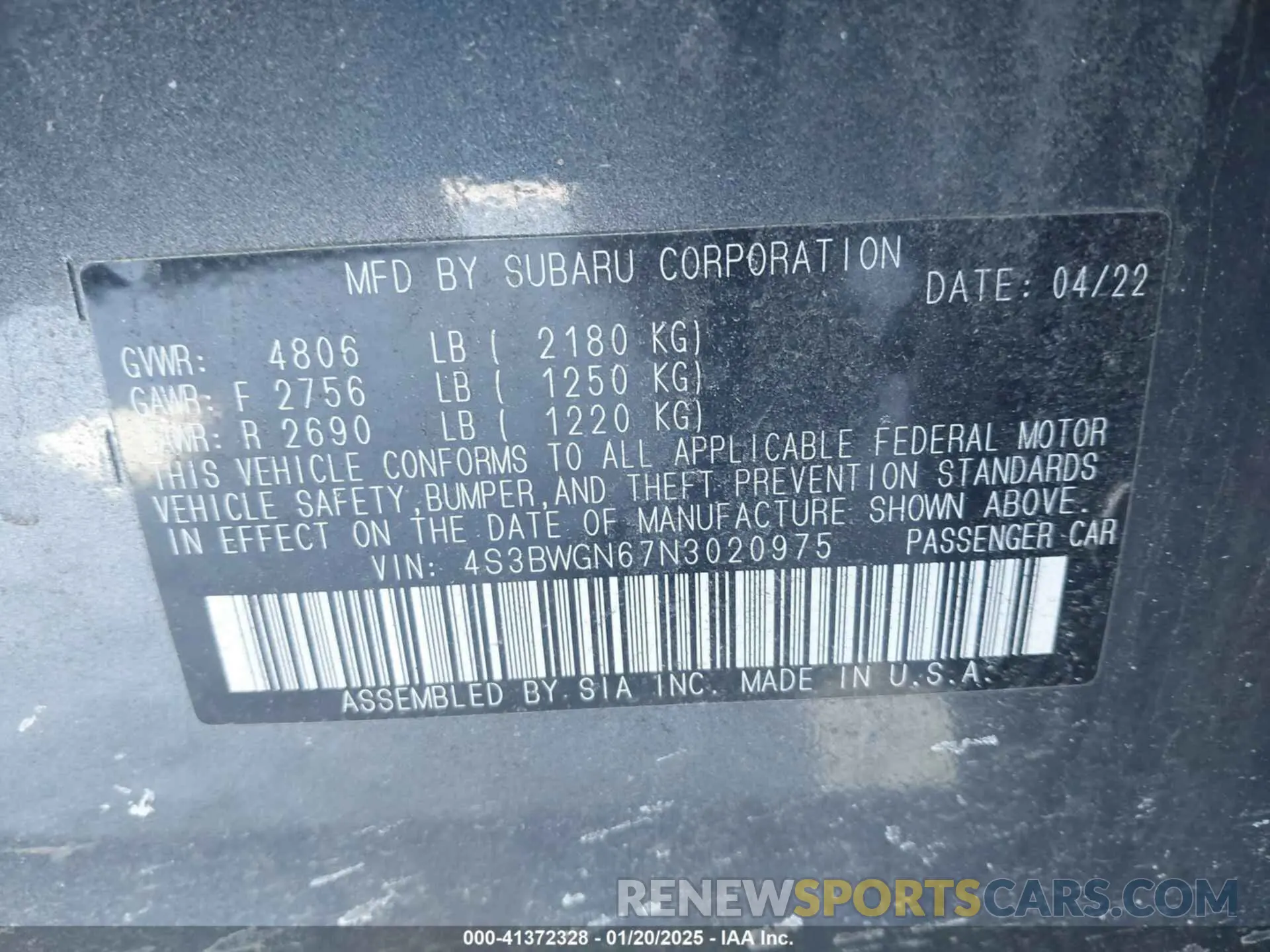 9 Photograph of a damaged car 4S3BWGN67N3020975 SUBARU LEGACY 2022