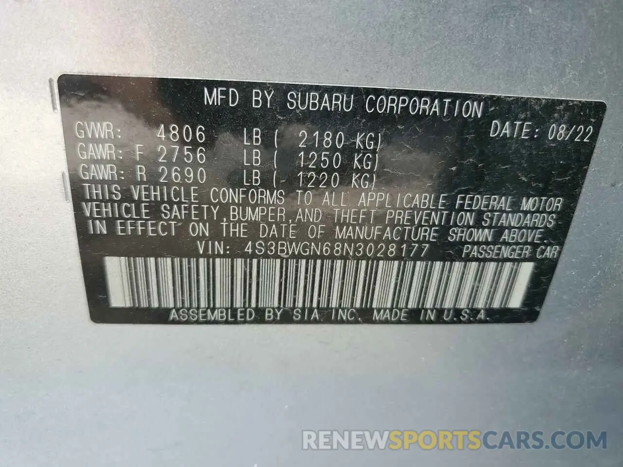 12 Фотография поврежденного автомобиля 4S3BWGN68N3028177 SUBARU LEGACY 2022