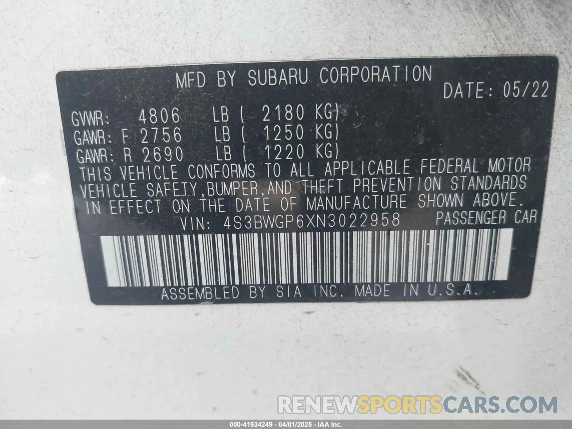 9 Photograph of a damaged car 4S3BWGP6XN3022958 SUBARU LEGACY 2022