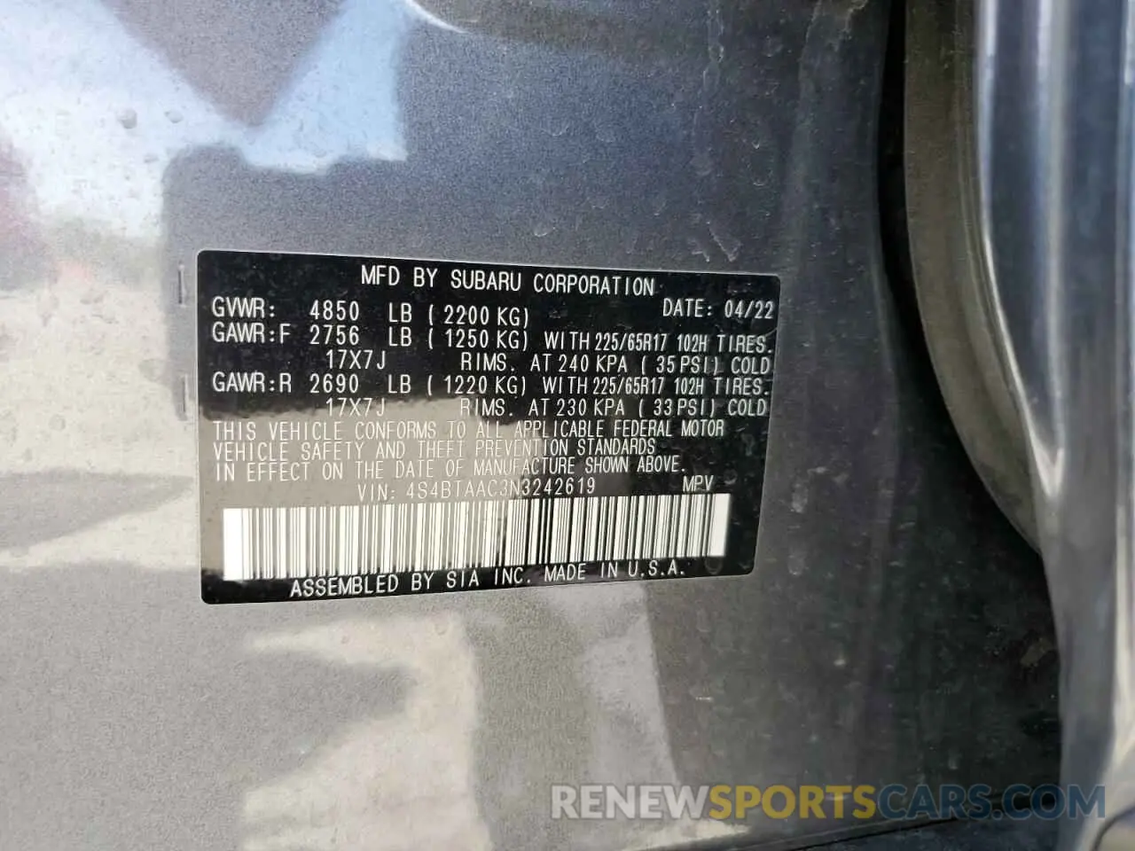 13 Фотография поврежденного автомобиля 4S4BTAAC3N3242619 SUBARU LEGACY 2022