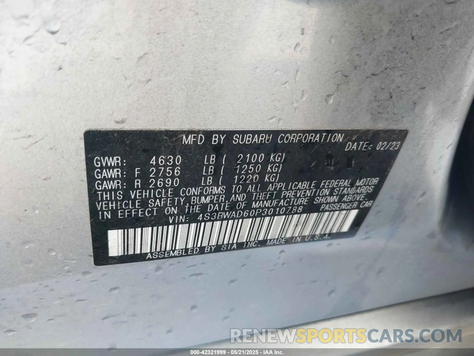 9 Фотография поврежденного автомобиля 4S3BWAD60P3010788 SUBARU LEGACY 2023