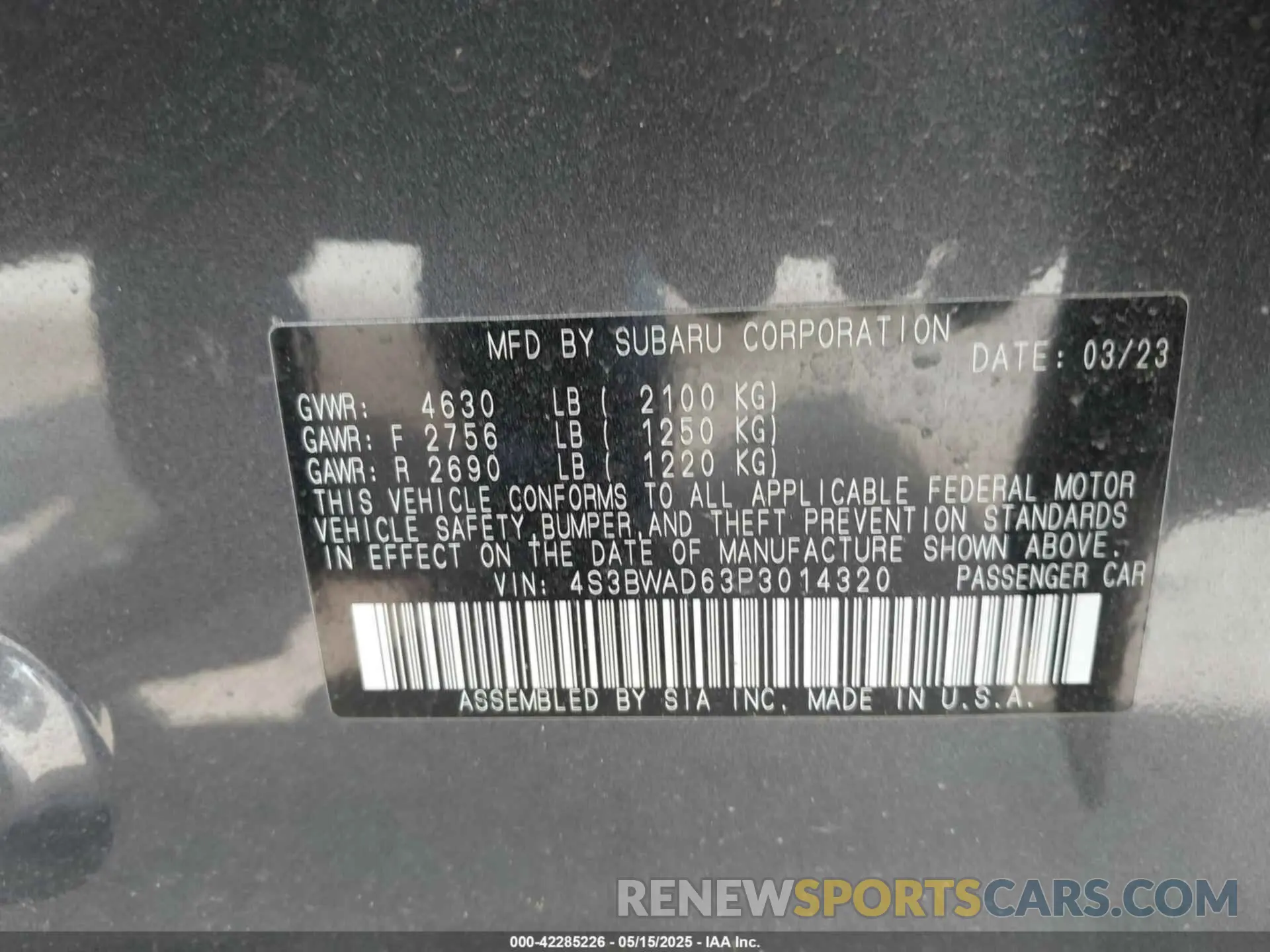 9 Photograph of a damaged car 4S3BWAD63P3014320 SUBARU LEGACY 2023