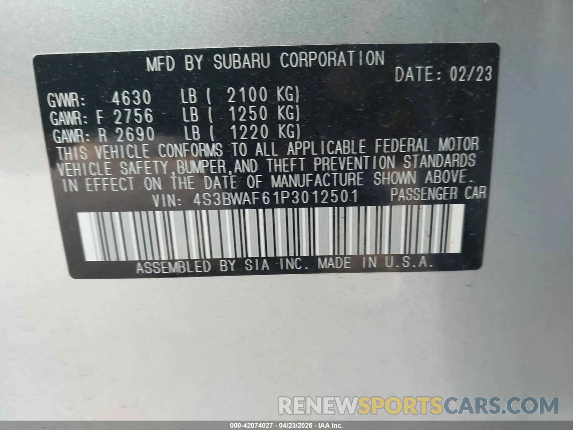 9 Фотография поврежденного автомобиля 4S3BWAF61P3012501 SUBARU LEGACY 2023