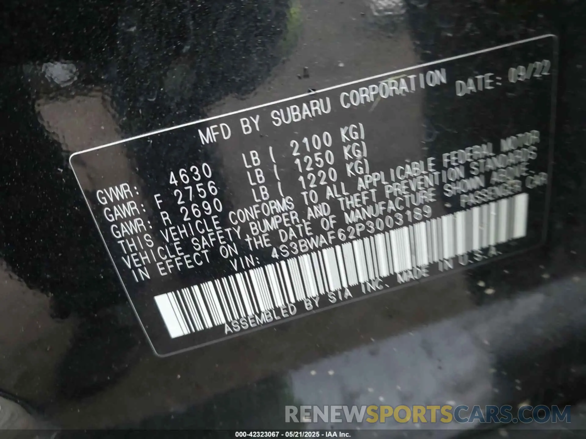 9 Фотография поврежденного автомобиля 4S3BWAF62P3003189 SUBARU LEGACY 2023