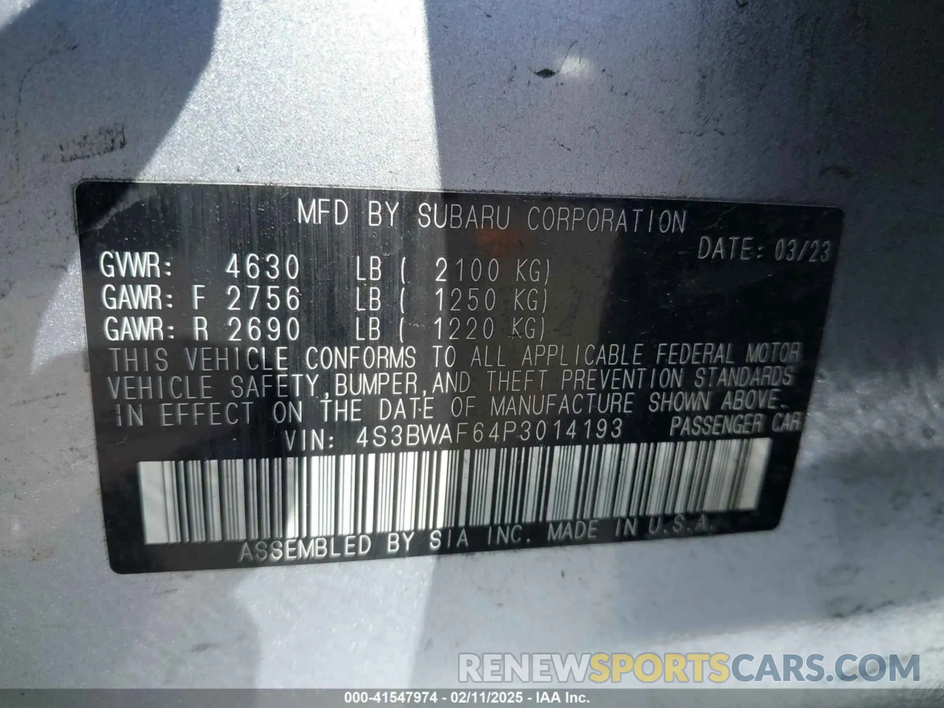 9 Фотография поврежденного автомобиля 4S3BWAF64P3014193 SUBARU LEGACY 2023