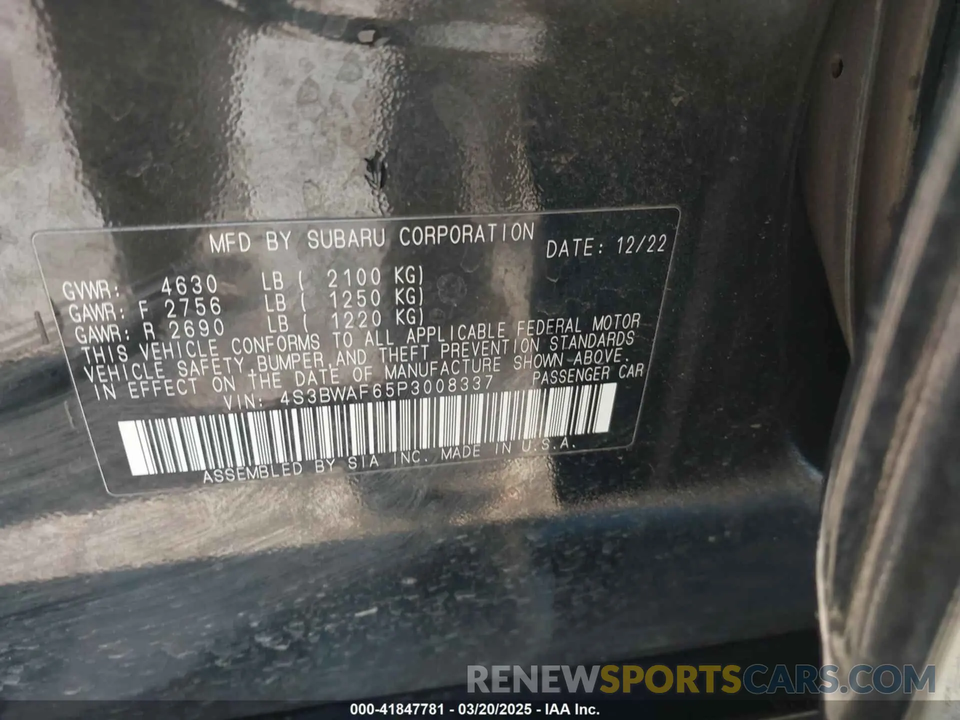 9 Photograph of a damaged car 4S3BWAF65P3008337 SUBARU LEGACY 2023