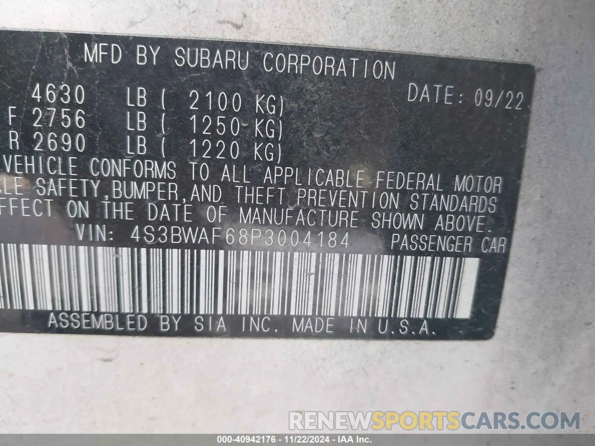 9 Фотография поврежденного автомобиля 4S3BWAF68P3004184 SUBARU LEGACY 2023