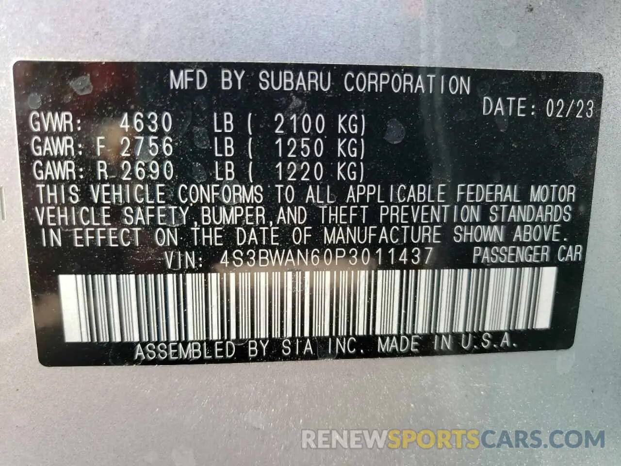 12 Фотография поврежденного автомобиля 4S3BWAN60P3011437 SUBARU LEGACY 2023
