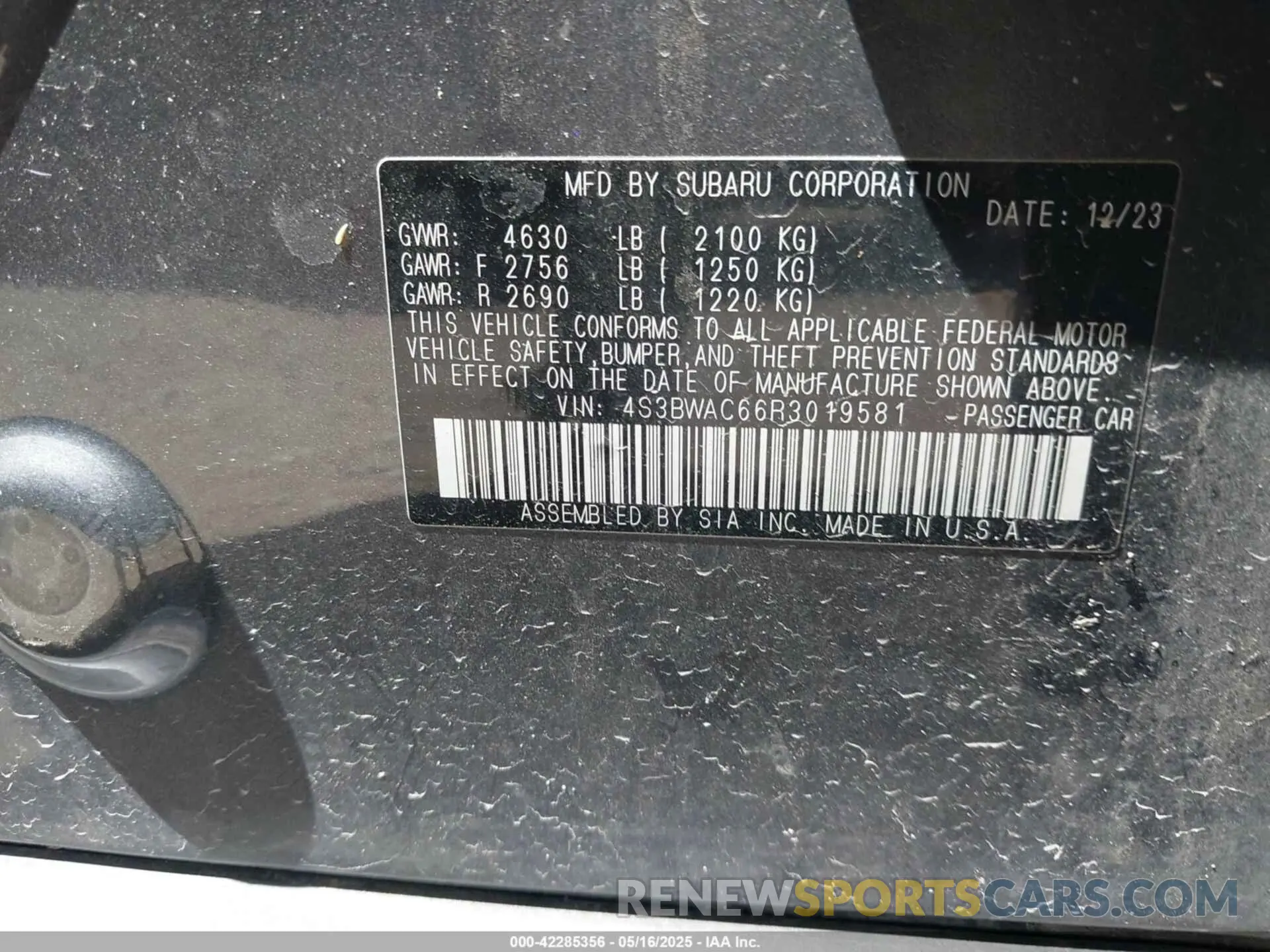 9 Фотография поврежденного автомобиля 4S3BWAC66R3019581 SUBARU LEGACY 2024