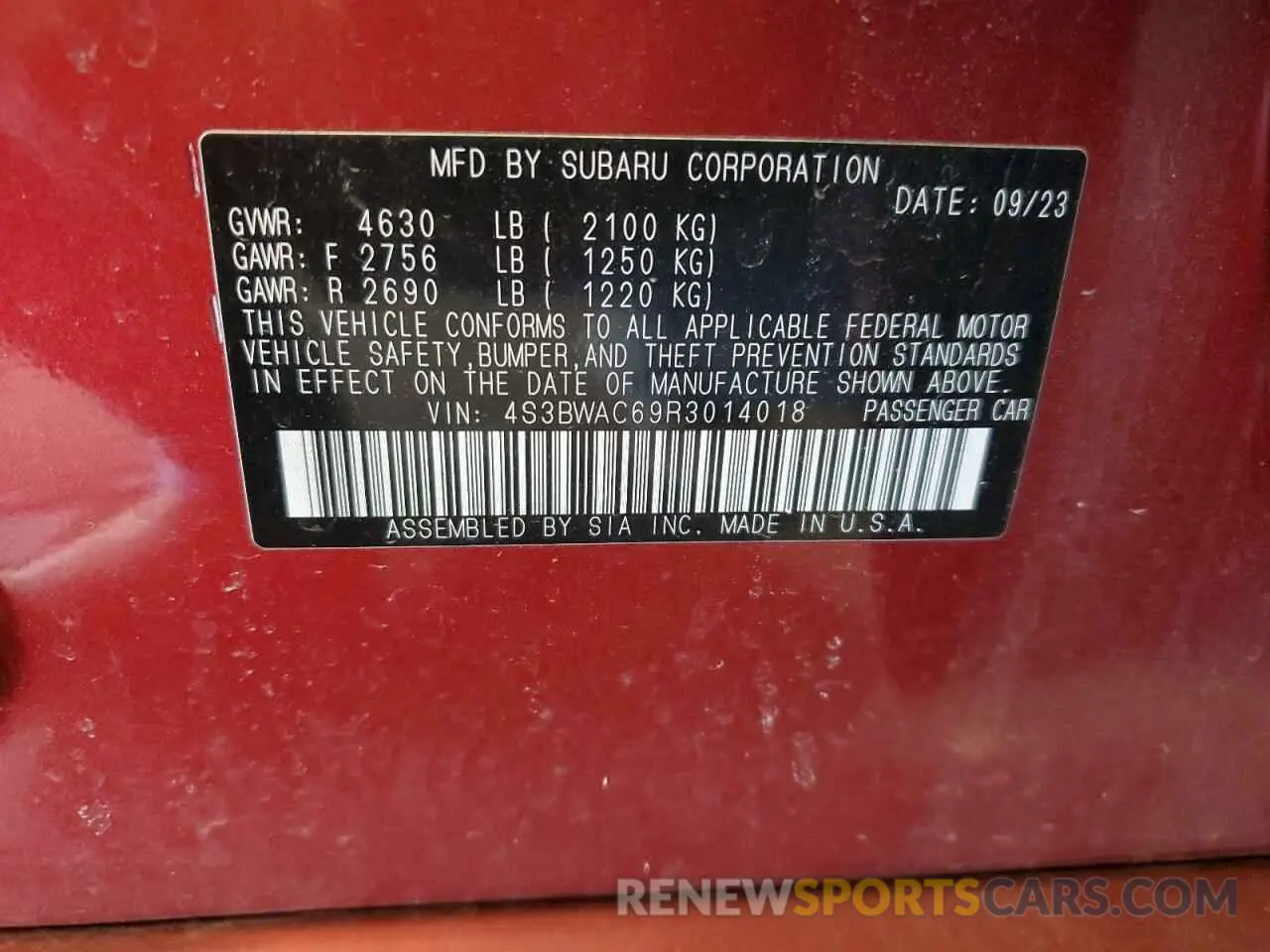 13 Photograph of a damaged car 4S3BWAC69R3014018 SUBARU LEGACY 2024