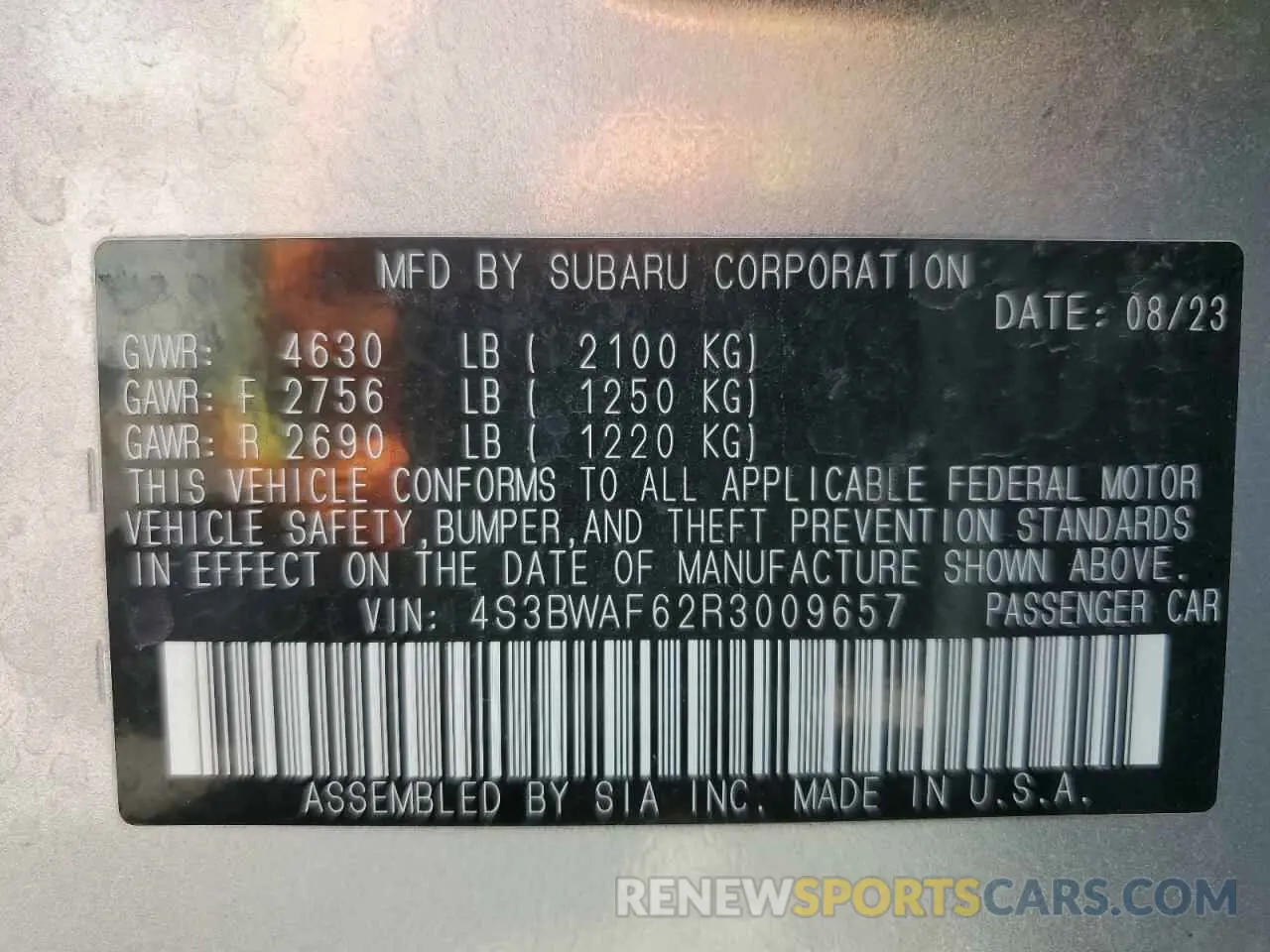 12 Photograph of a damaged car 4S3BWAF62R3009657 SUBARU LEGACY 2024