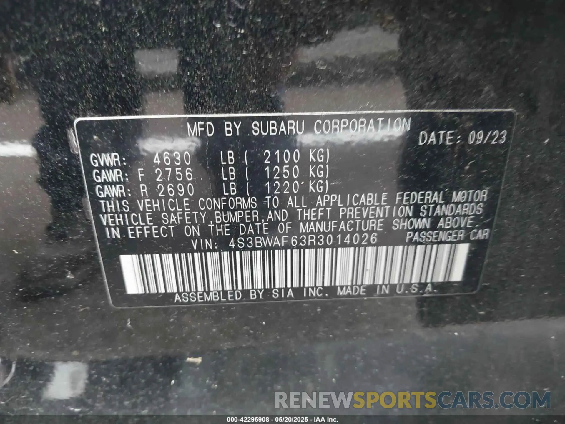 9 Photograph of a damaged car 4S3BWAF63R3014026 SUBARU LEGACY 2024