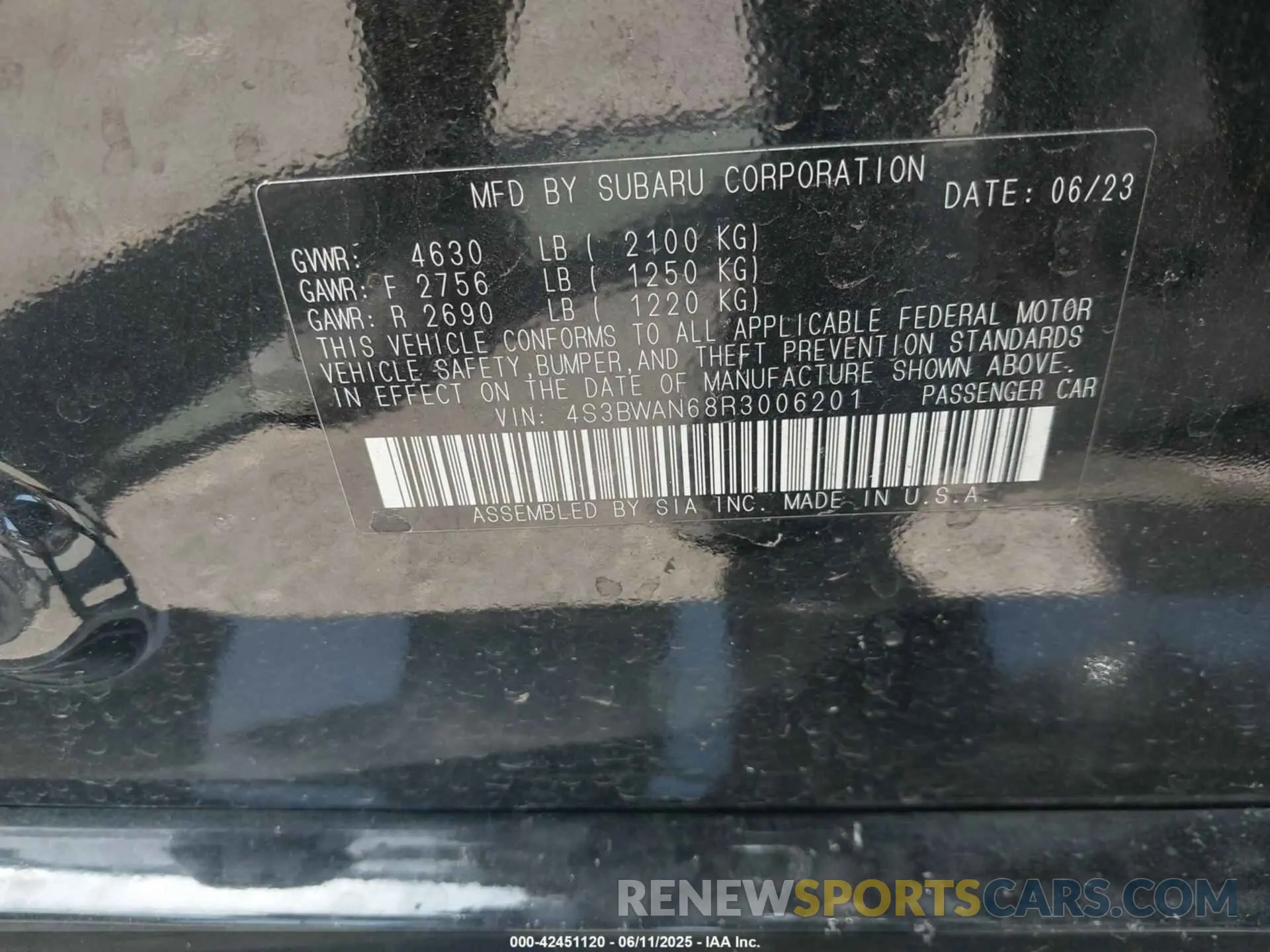 9 Photograph of a damaged car 4S3BWAN68R3006201 SUBARU LEGACY 2024