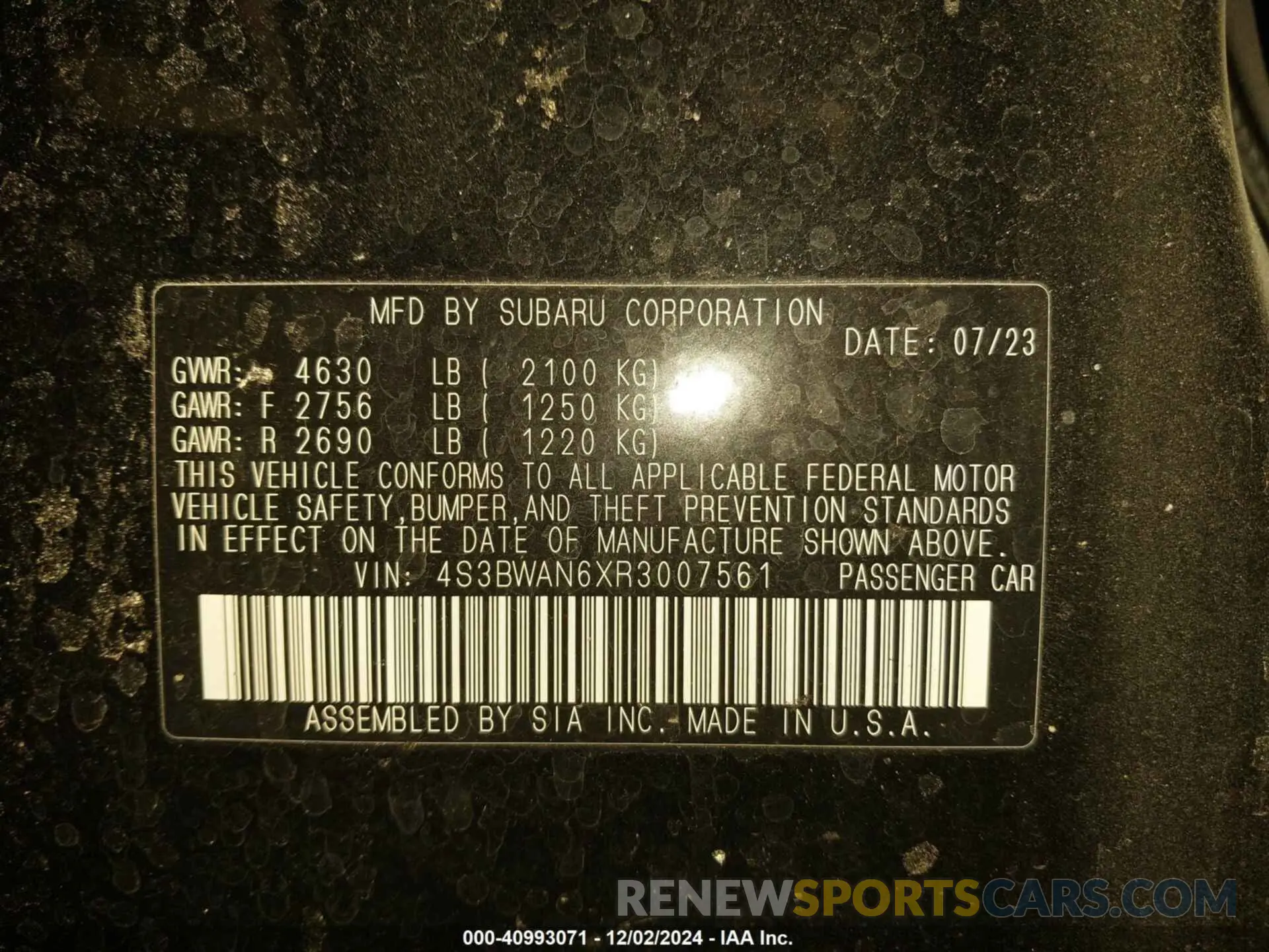 9 Фотография поврежденного автомобиля 4S3BWAN6XR3007561 SUBARU LEGACY 2024