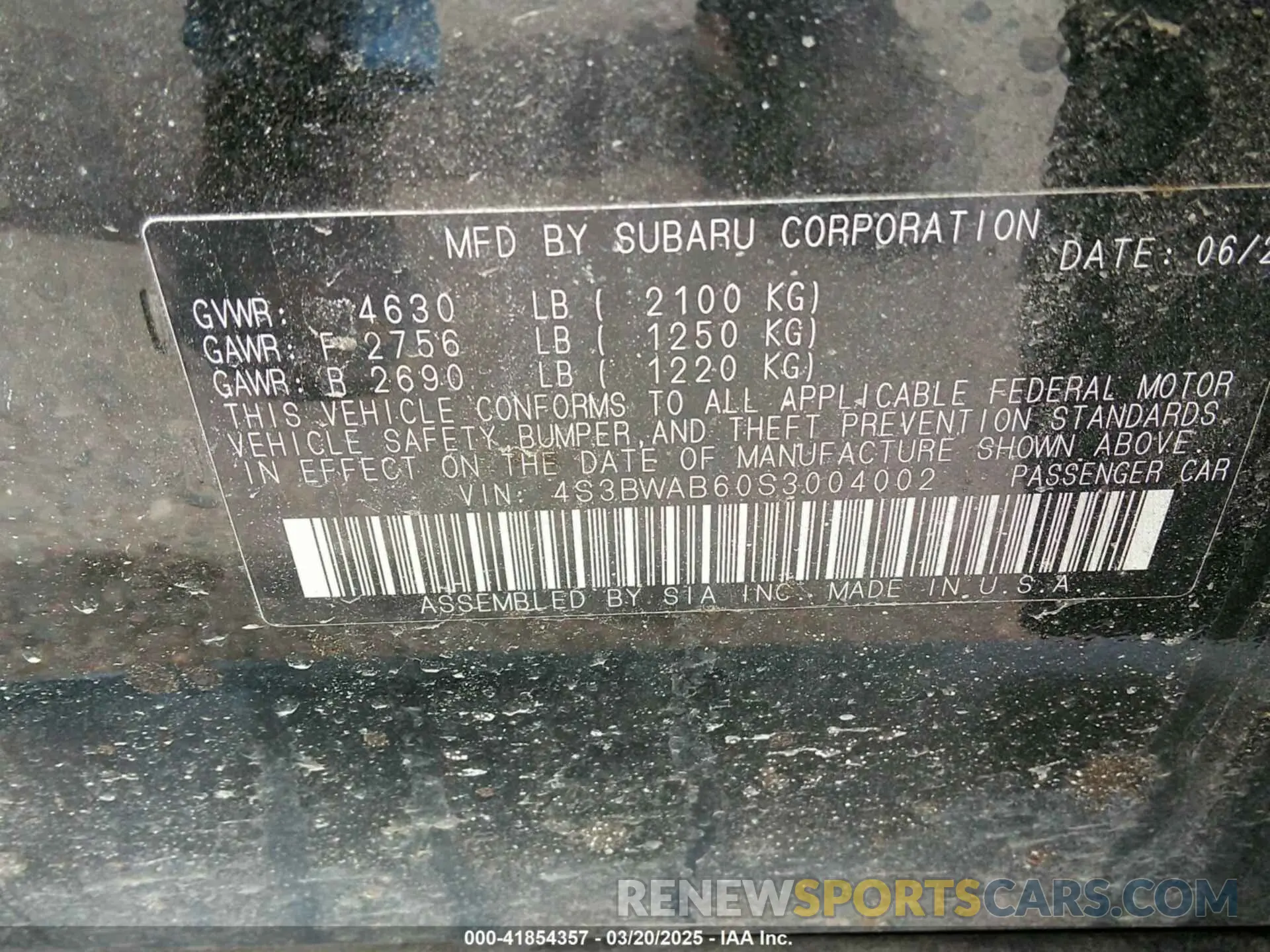 9 Фотография поврежденного автомобиля 4S3BWAB60S3004002 SUBARU LEGACY 2025