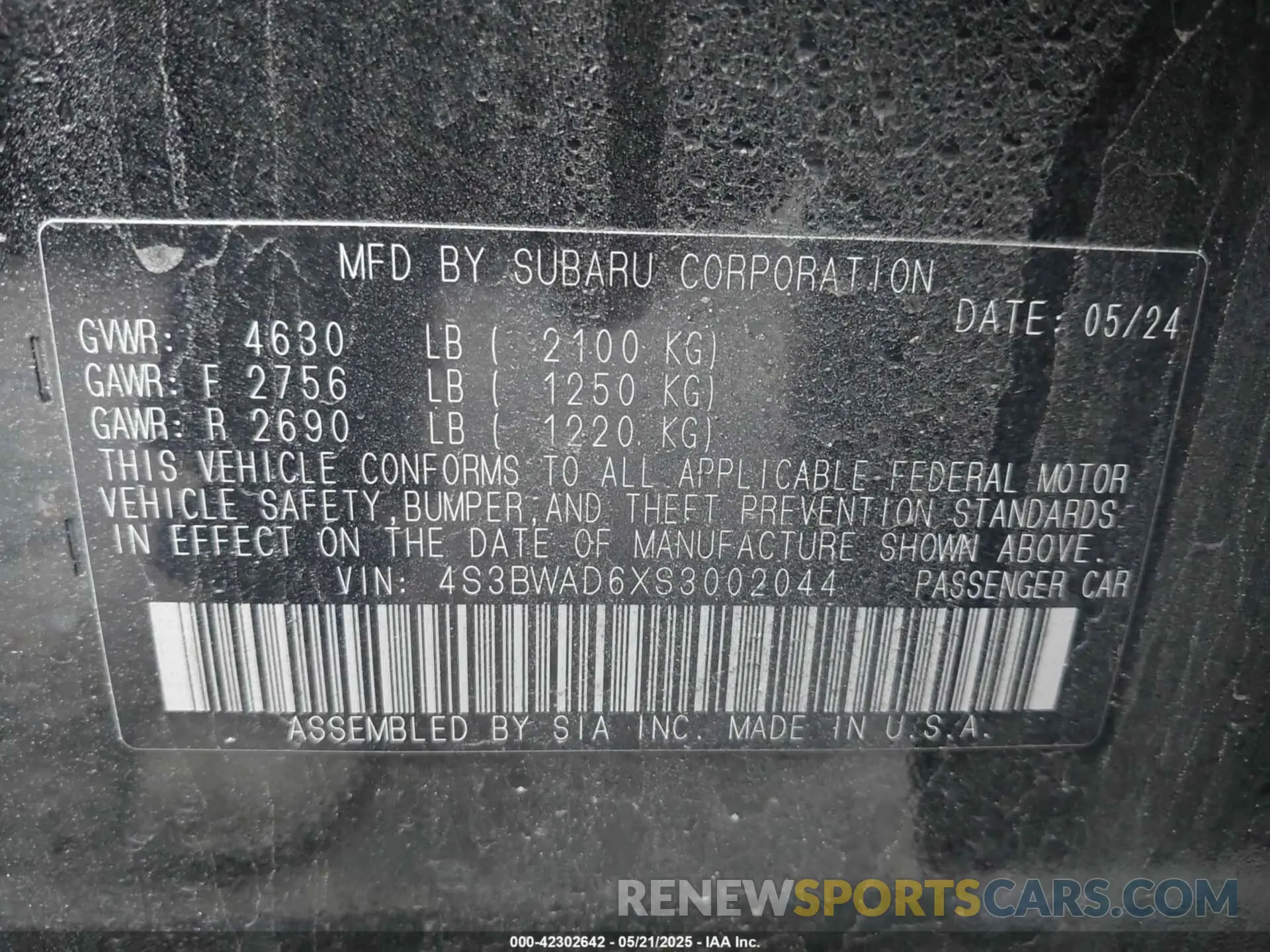 9 Фотография поврежденного автомобиля 4S3BWAD6XS3002044 SUBARU LEGACY 2025
