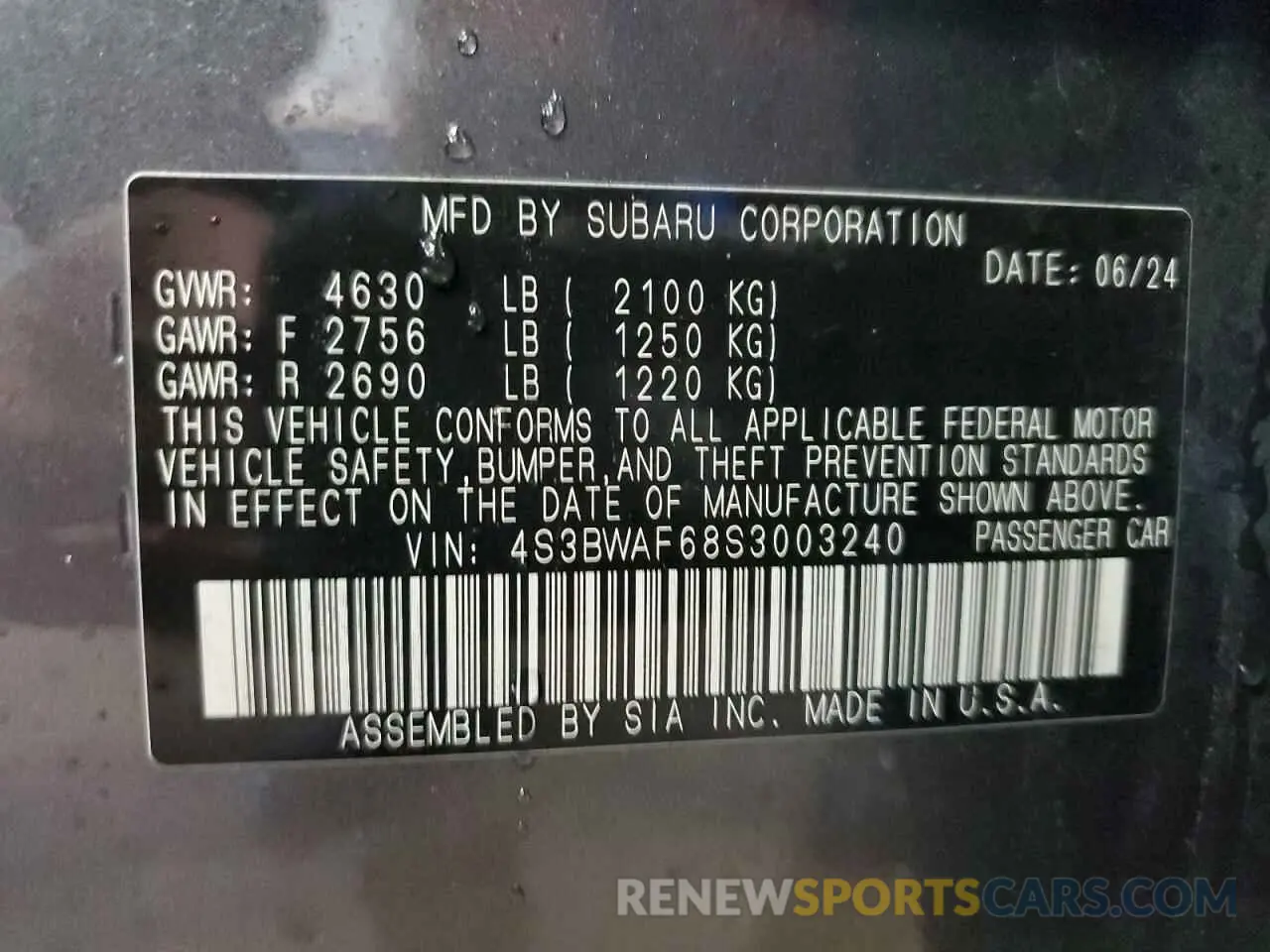 12 Photograph of a damaged car 4S3BWAF68S3003240 SUBARU LEGACY 2025