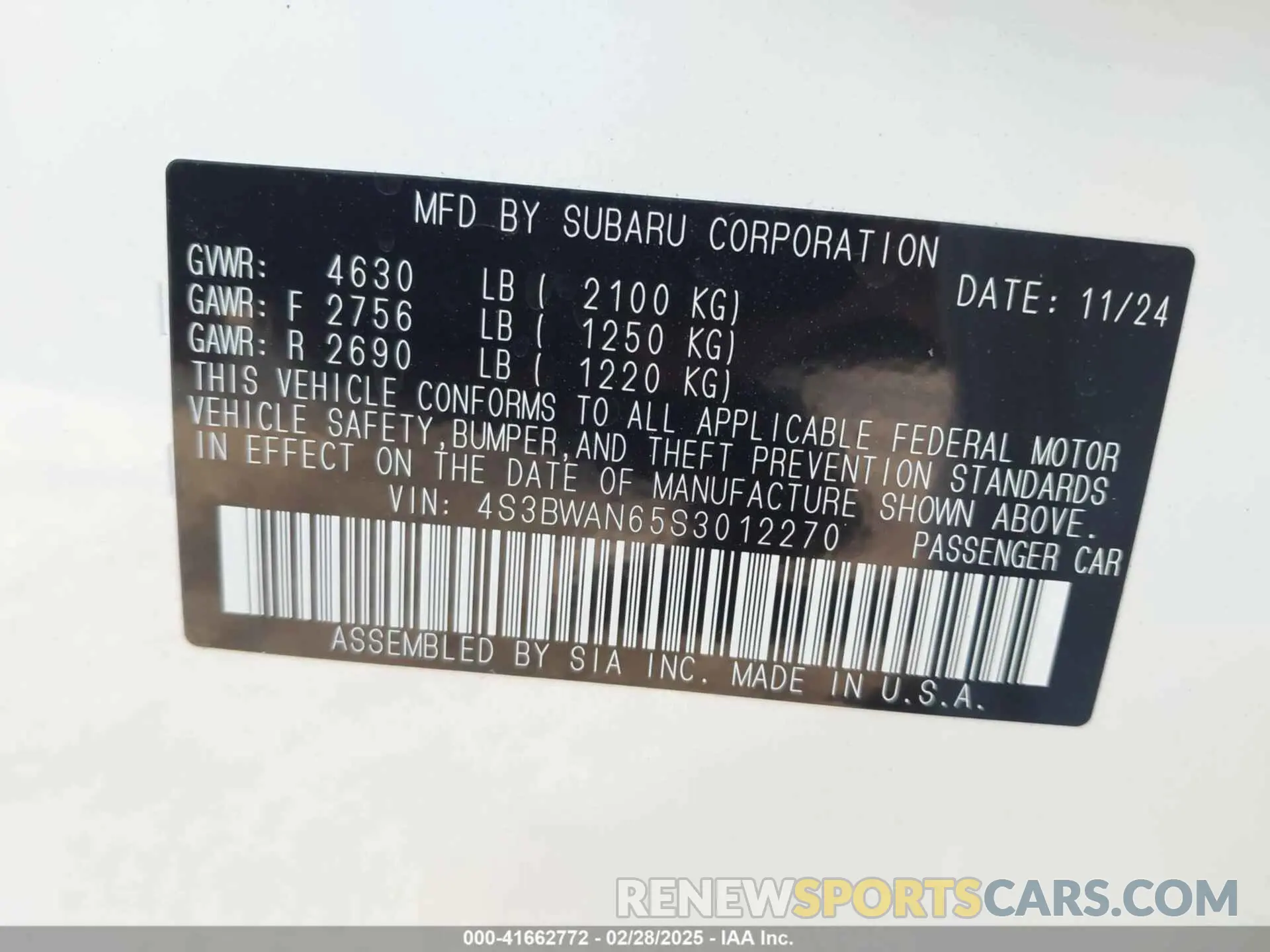 9 Photograph of a damaged car 4S3BWAN65S3012270 SUBARU LEGACY 2025