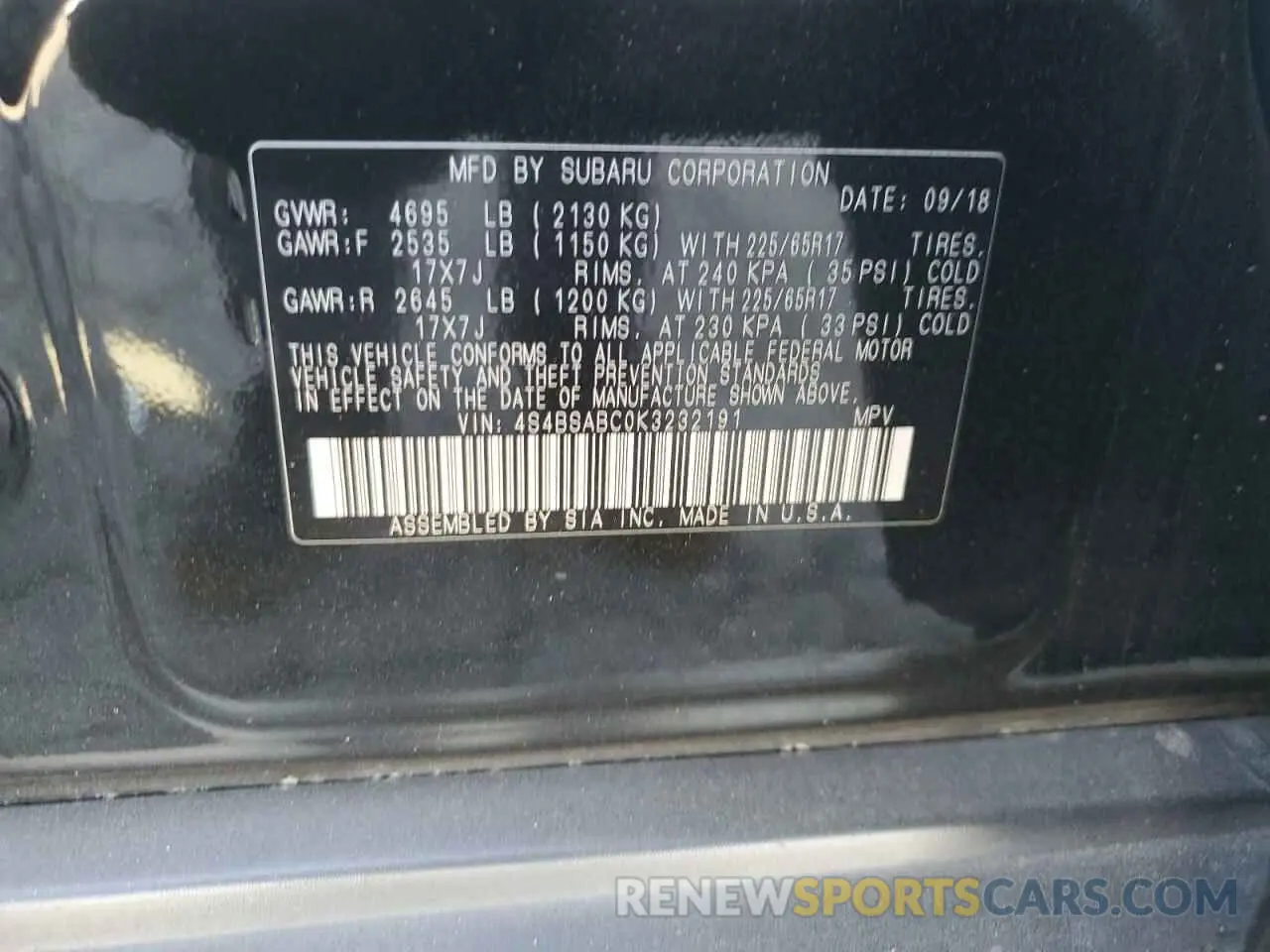 13 Photograph of a damaged car 4S4BSABC0K3232191 SUBARU OUTBACK 2019