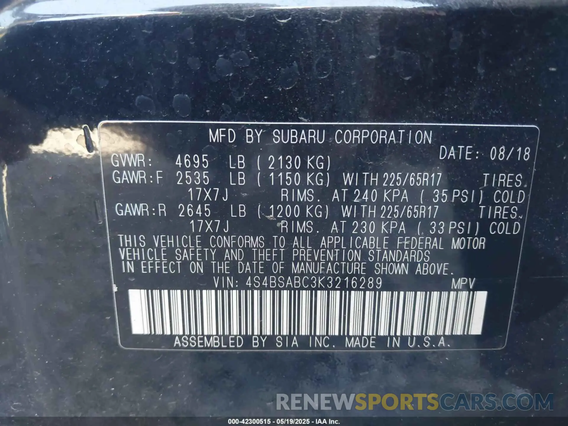 9 Photograph of a damaged car 4S4BSABC3K3216289 SUBARU OUTBACK 2019