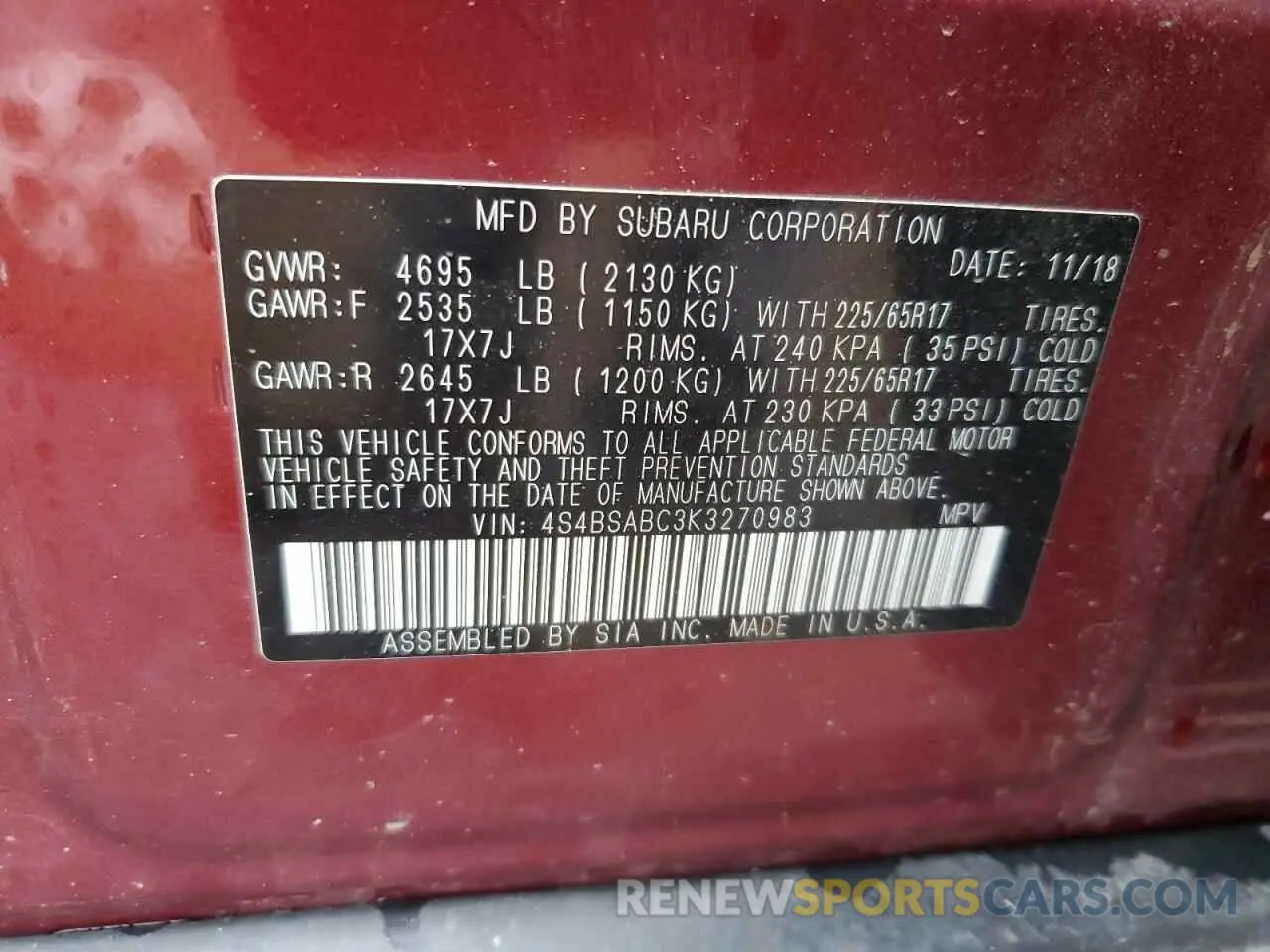 13 Photograph of a damaged car 4S4BSABC3K3270983 SUBARU OUTBACK 2019