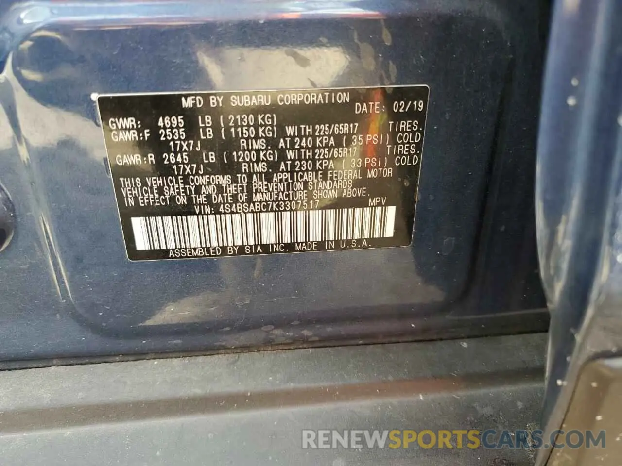 14 Photograph of a damaged car 4S4BSABC7K3307517 SUBARU OUTBACK 2019