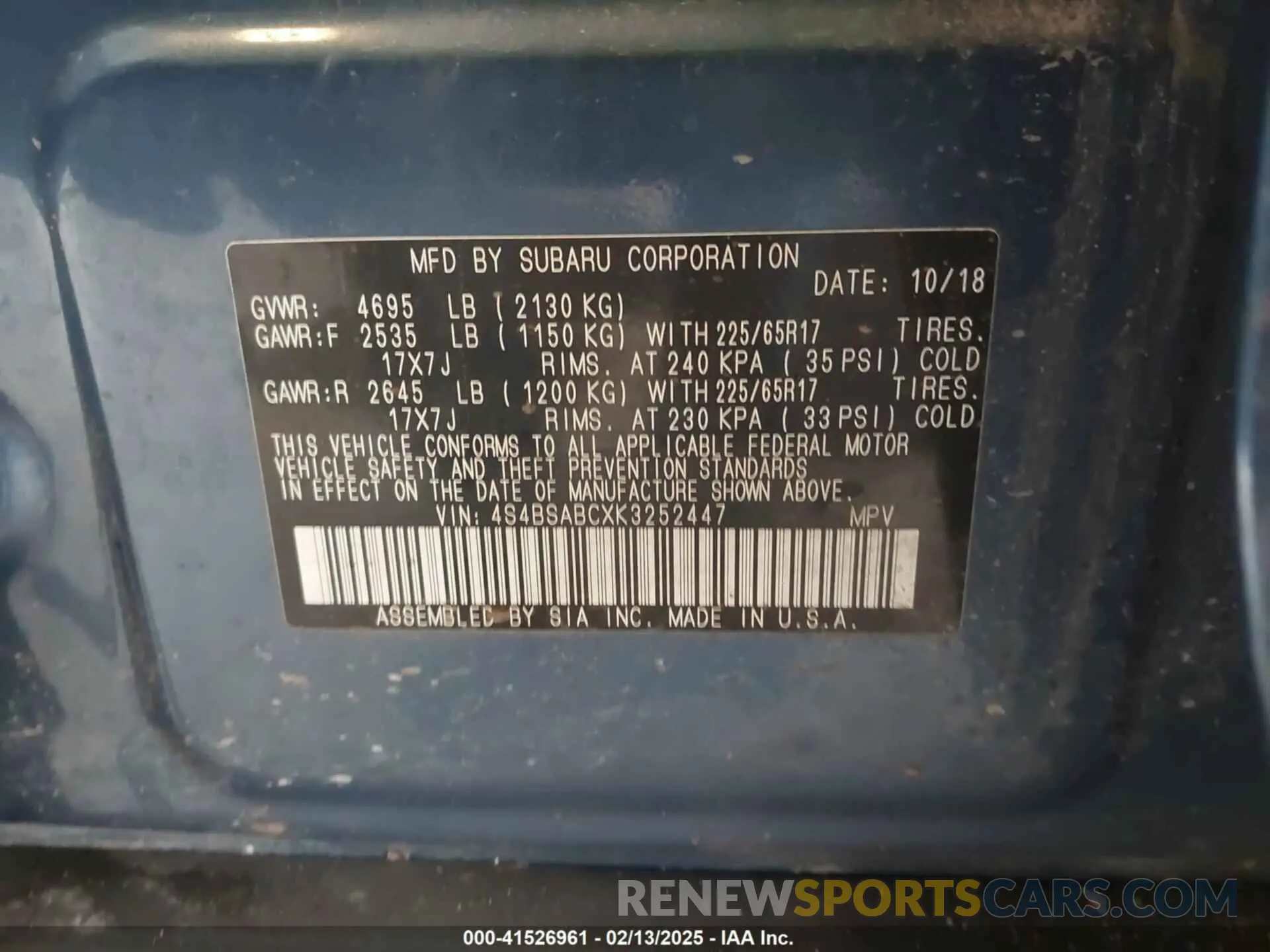 9 Photograph of a damaged car 4S4BSABCXK3252447 SUBARU OUTBACK 2019