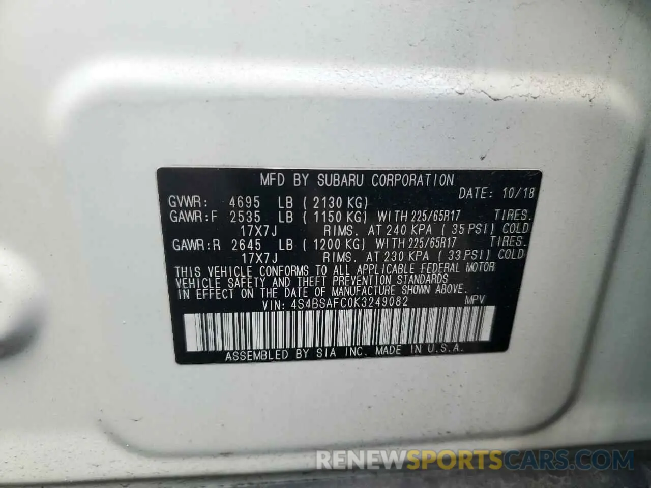 13 Photograph of a damaged car 4S4BSAFC0K3249082 SUBARU OUTBACK 2019