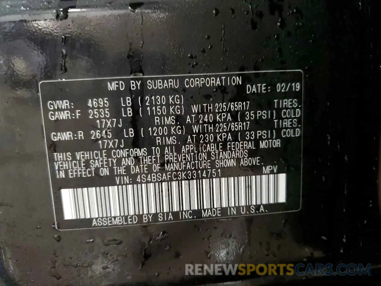 14 Photograph of a damaged car 4S4BSAFC3K3314751 SUBARU OUTBACK 2019