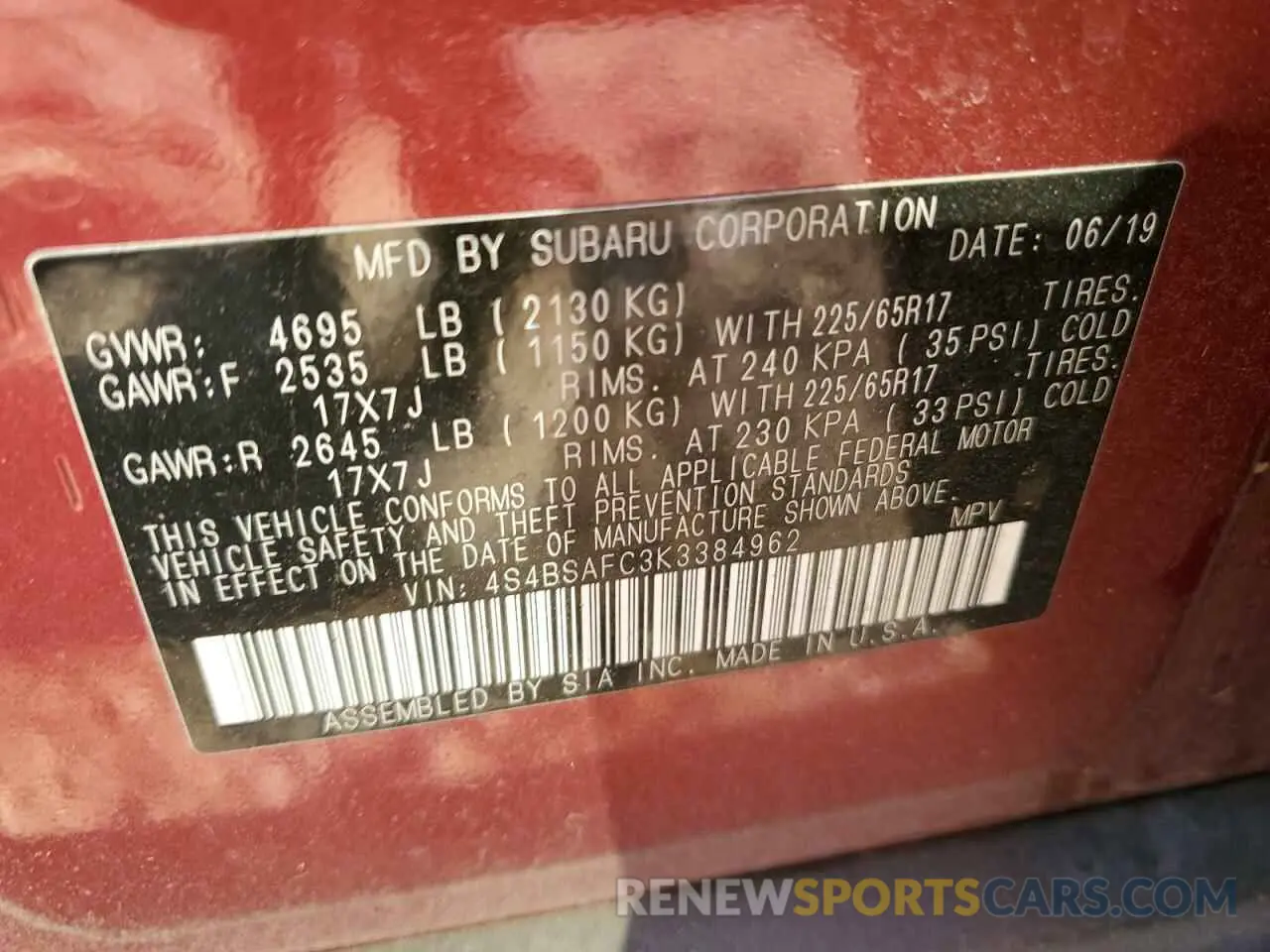 12 Фотография поврежденного автомобиля 4S4BSAFC3K3384962 SUBARU OUTBACK 2019
