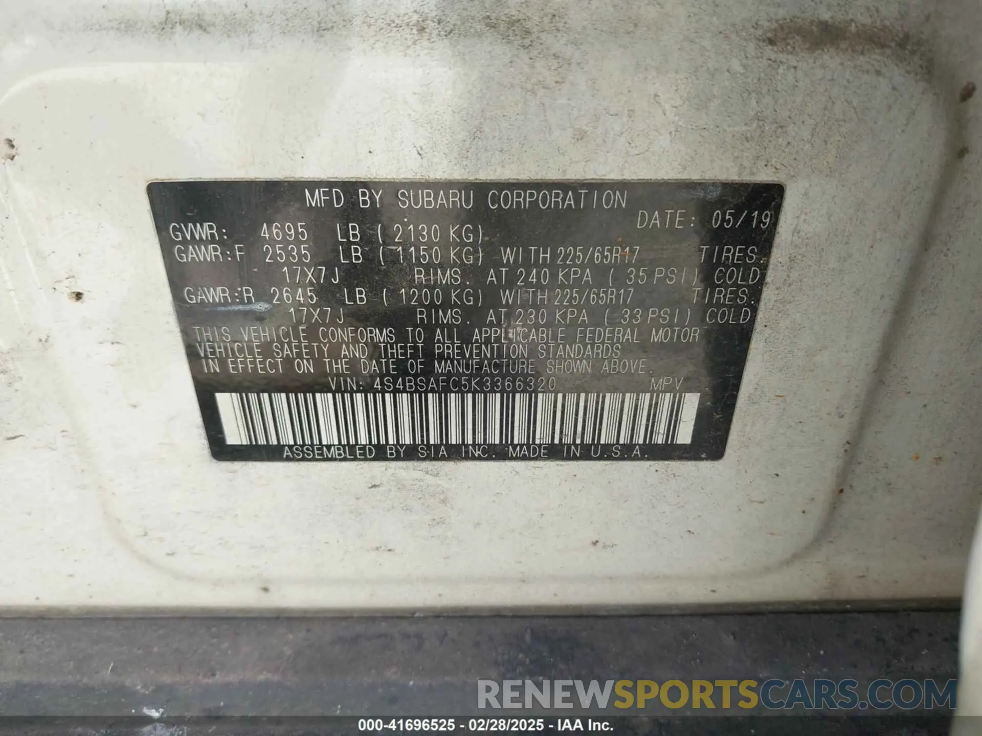 9 Photograph of a damaged car 4S4BSAFC5K3366320 SUBARU OUTBACK 2019