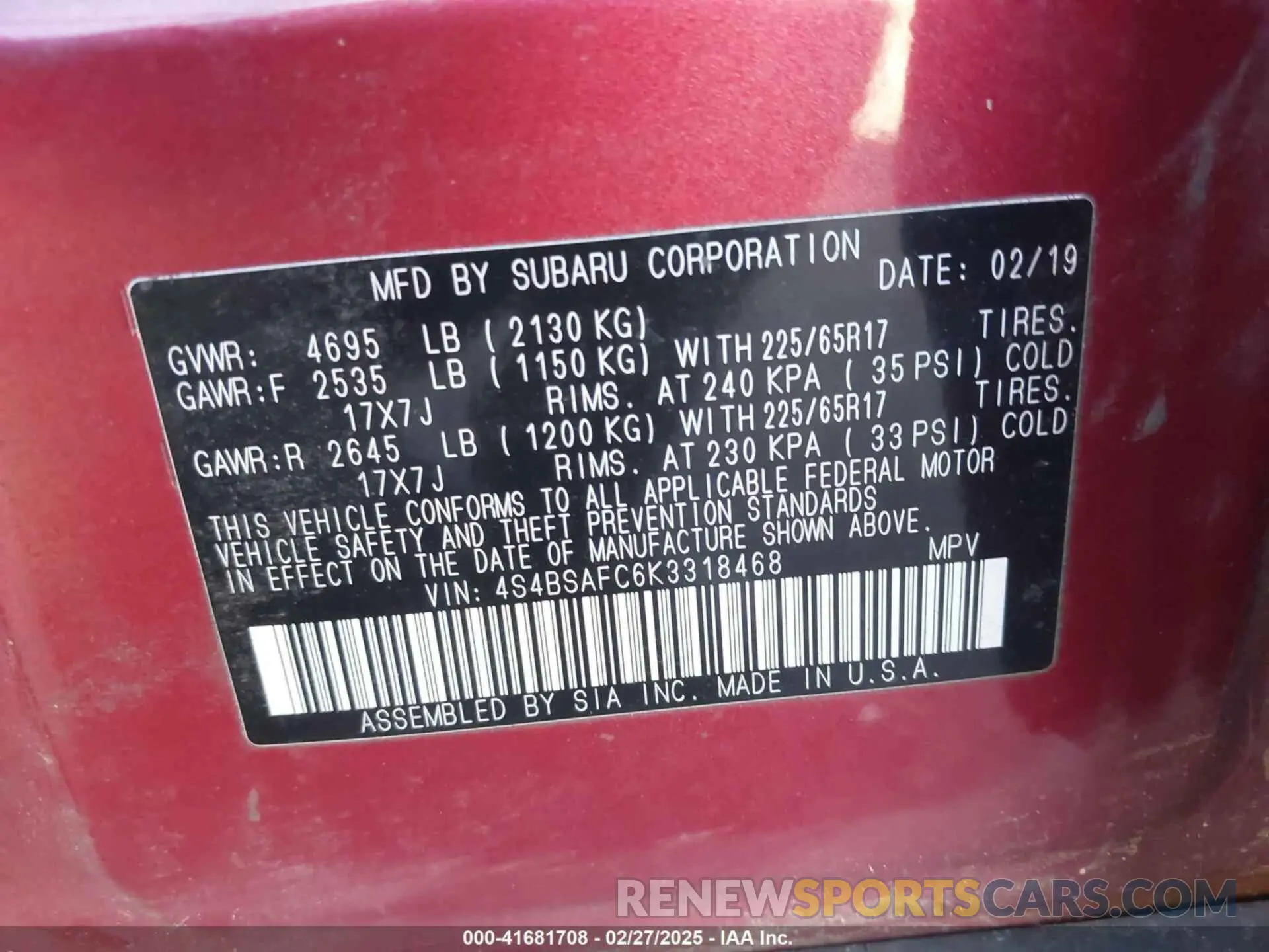 9 Фотография поврежденного автомобиля 4S4BSAFC6K3318468 SUBARU OUTBACK 2019