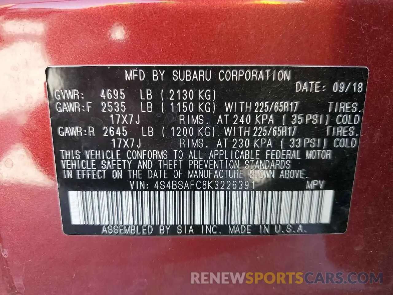 13 Photograph of a damaged car 4S4BSAFC8K3226391 SUBARU OUTBACK 2019