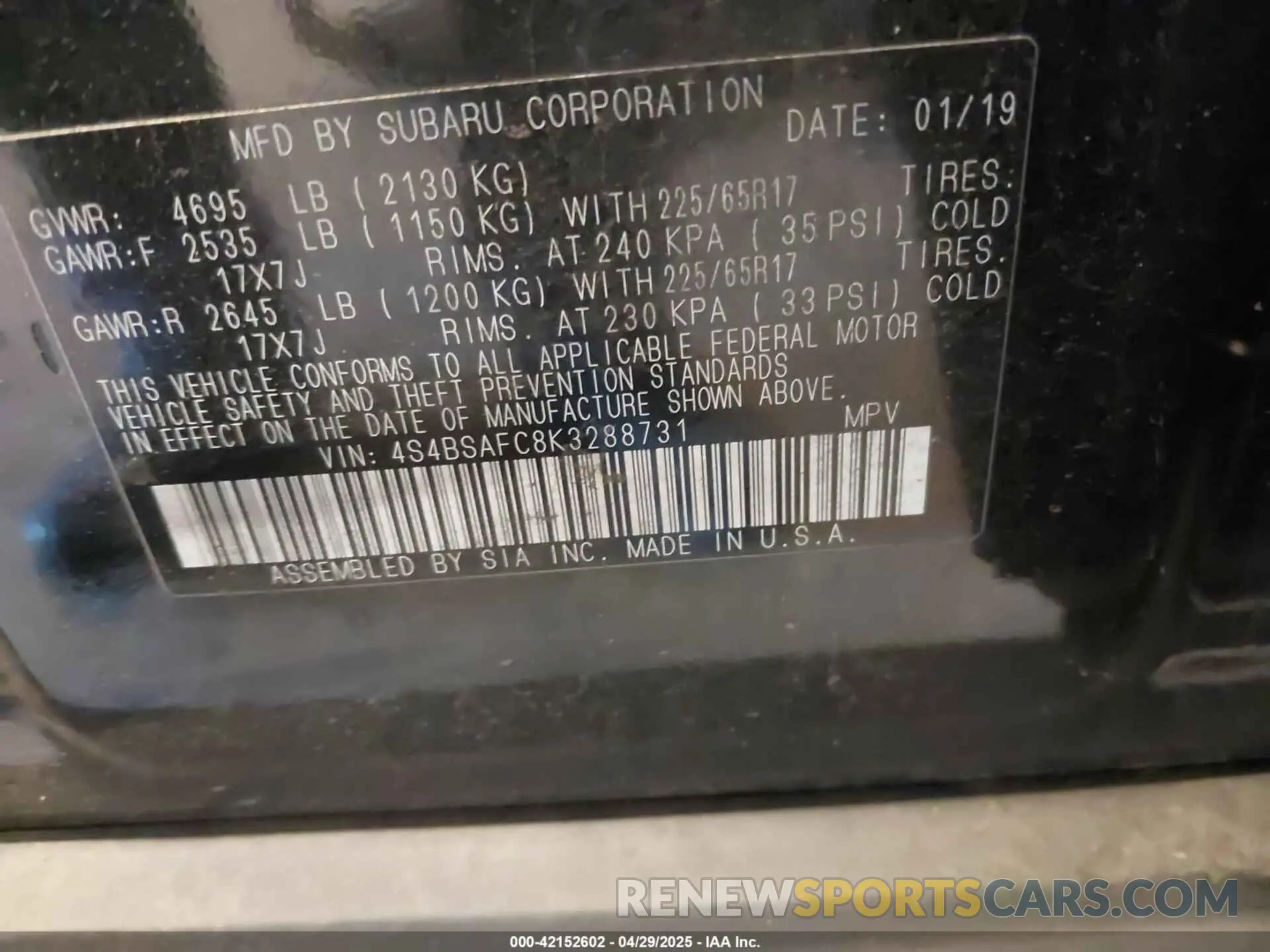 9 Фотография поврежденного автомобиля 4S4BSAFC8K3288731 SUBARU OUTBACK 2019