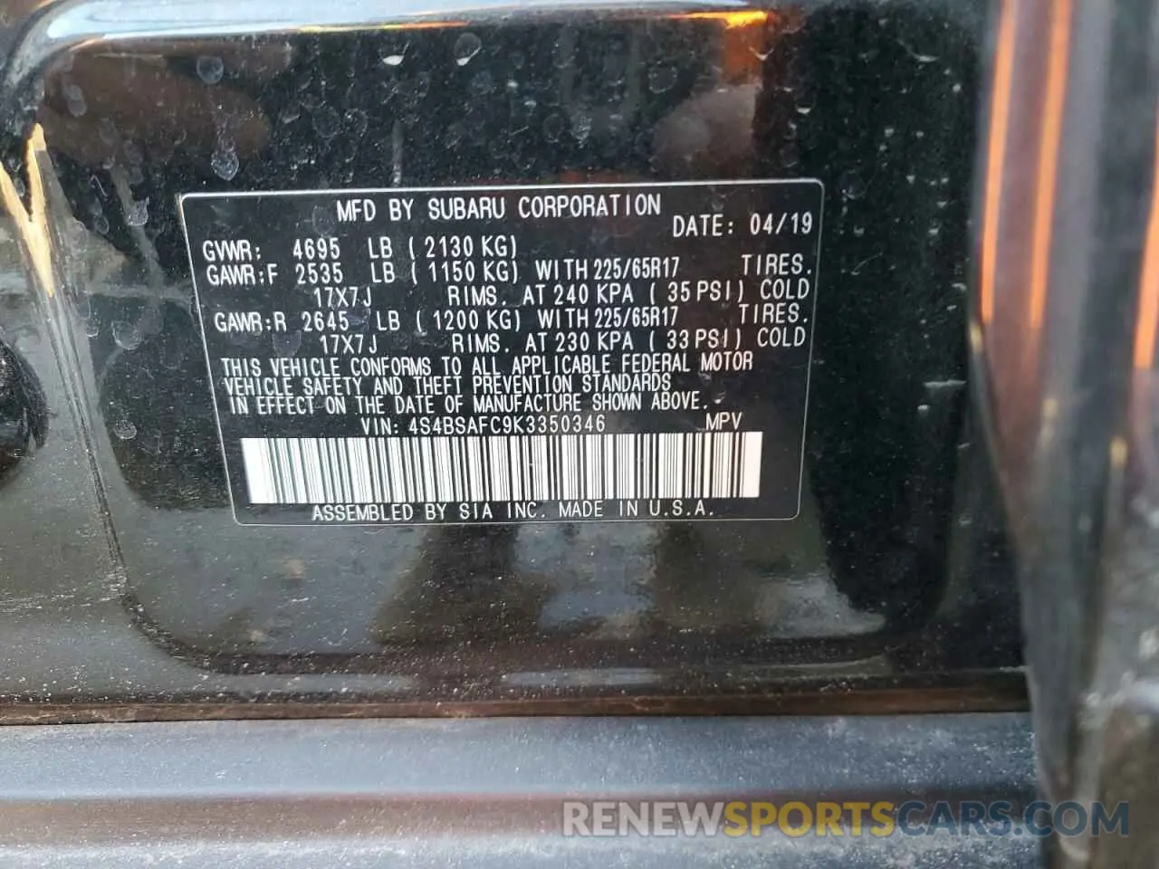12 Photograph of a damaged car 4S4BSAFC9K3350346 SUBARU OUTBACK 2019