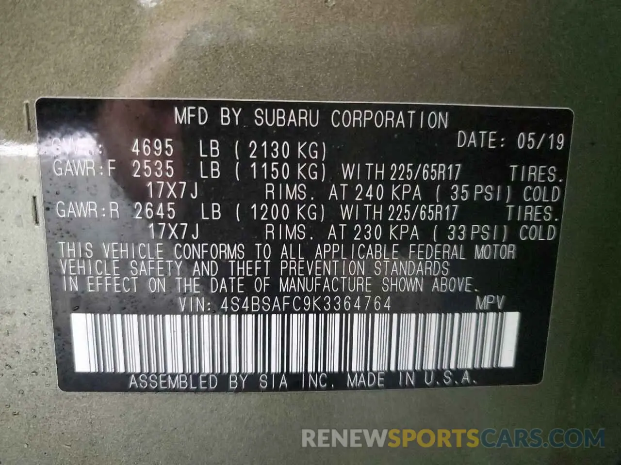 13 Photograph of a damaged car 4S4BSAFC9K3364764 SUBARU OUTBACK 2019