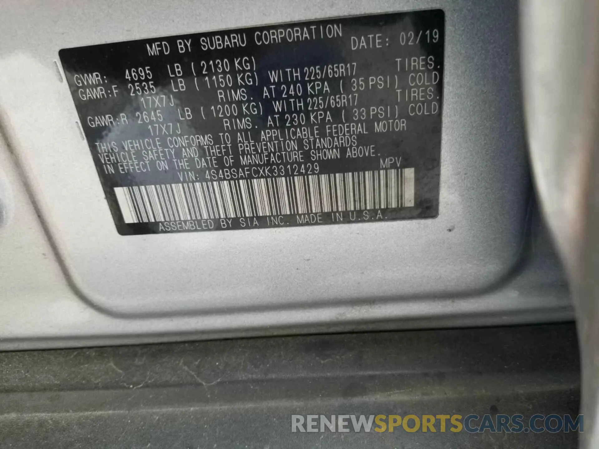 12 Фотография поврежденного автомобиля 4S4BSAFCXK3312429 SUBARU OUTBACK 2019