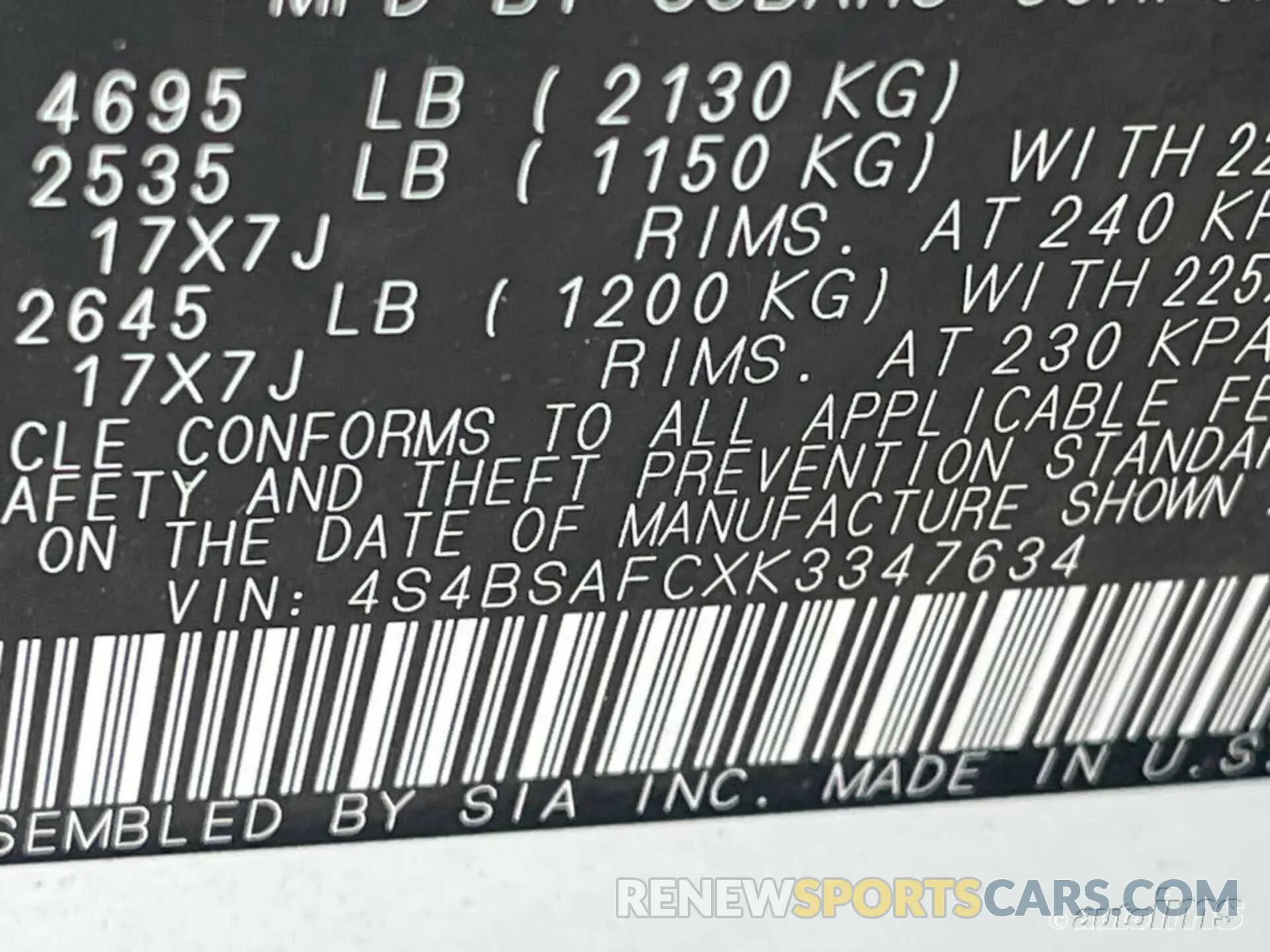 1 Photograph of a damaged car 4S4BSAFCXK3347634 SUBARU OUTBACK 2019