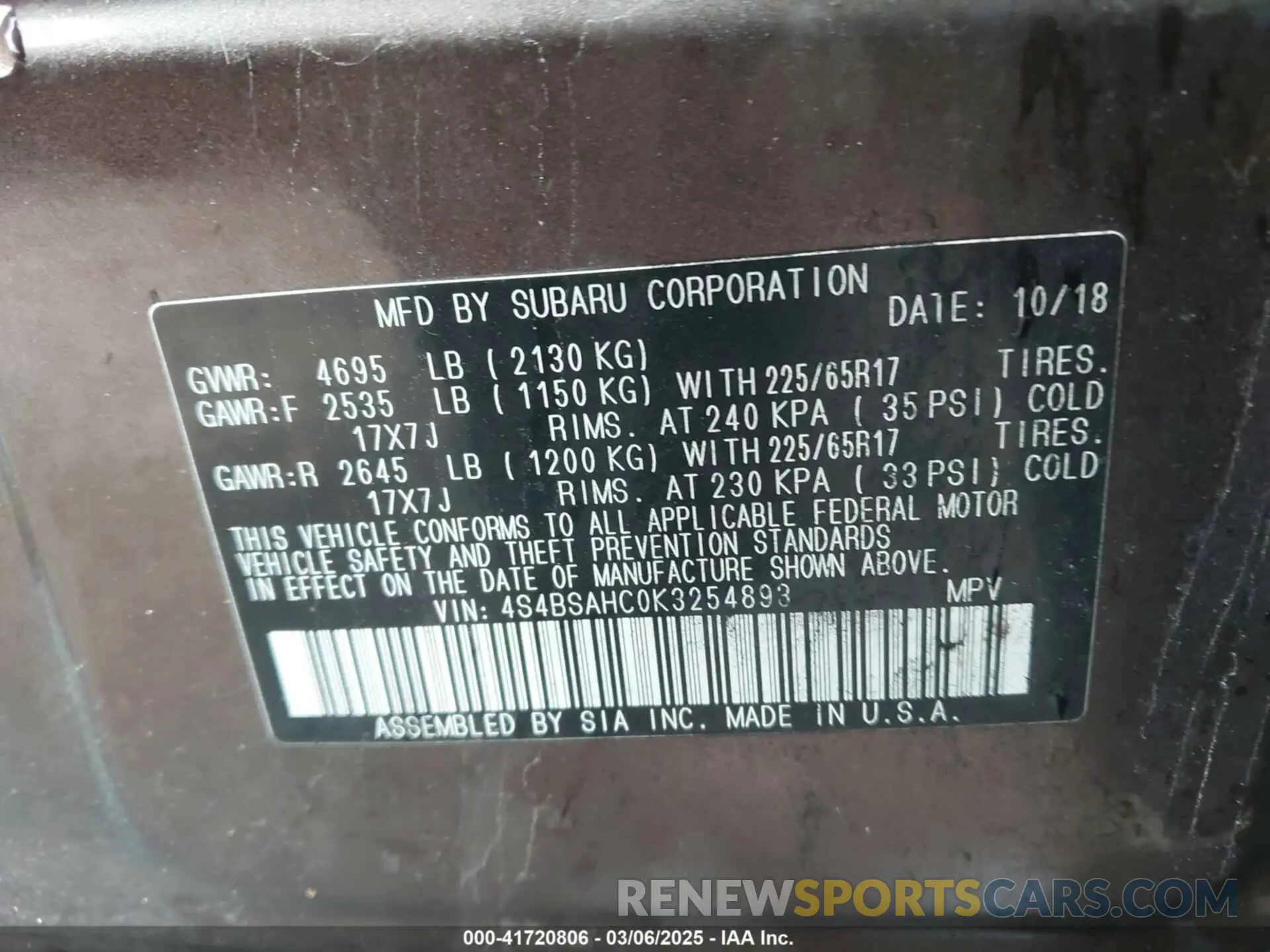 9 Photograph of a damaged car 4S4BSAHC0K3254893 SUBARU OUTBACK 2019