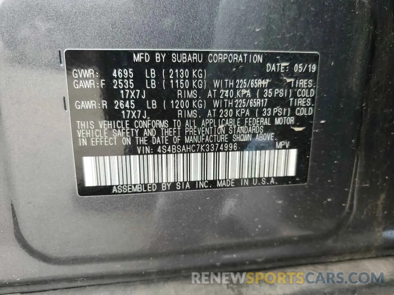 14 Фотография поврежденного автомобиля 4S4BSAHC7K3374996 SUBARU OUTBACK 2019