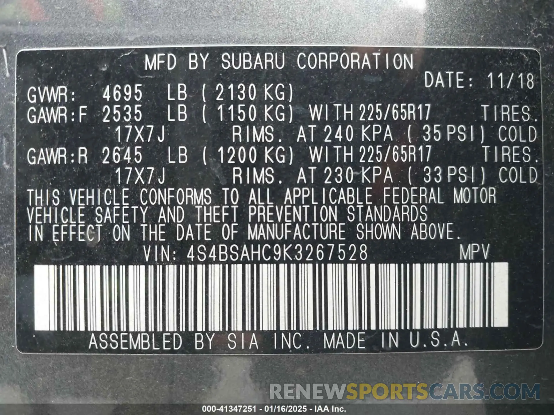 9 Фотография поврежденного автомобиля 4S4BSAHC9K3267528 SUBARU OUTBACK 2019